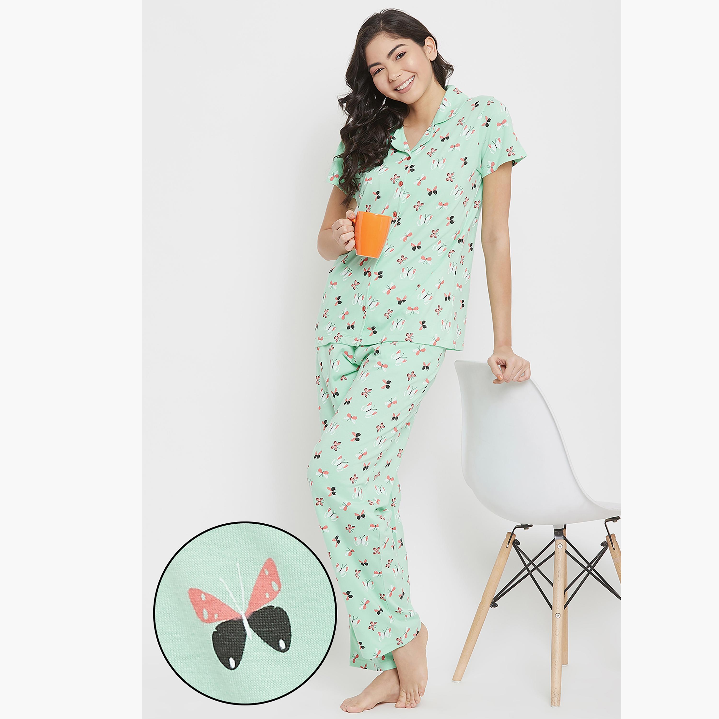 Clovia Set of Printed Collared Shirt with Pyjama-women-clothing-nightwear-pyjamas-longsets-image-1