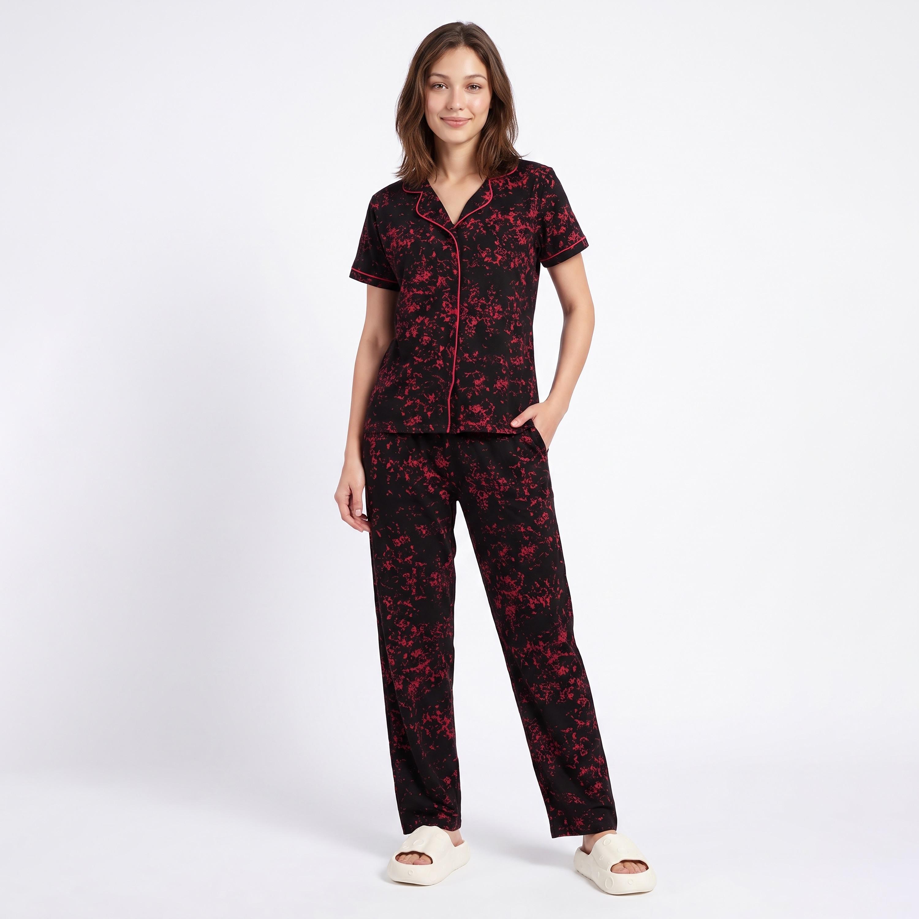 Clovia Printed Button Down Women's Night Suit in Black - 100% Cotton-women-clothing-nightwear-pyjamas-longsets-image-1