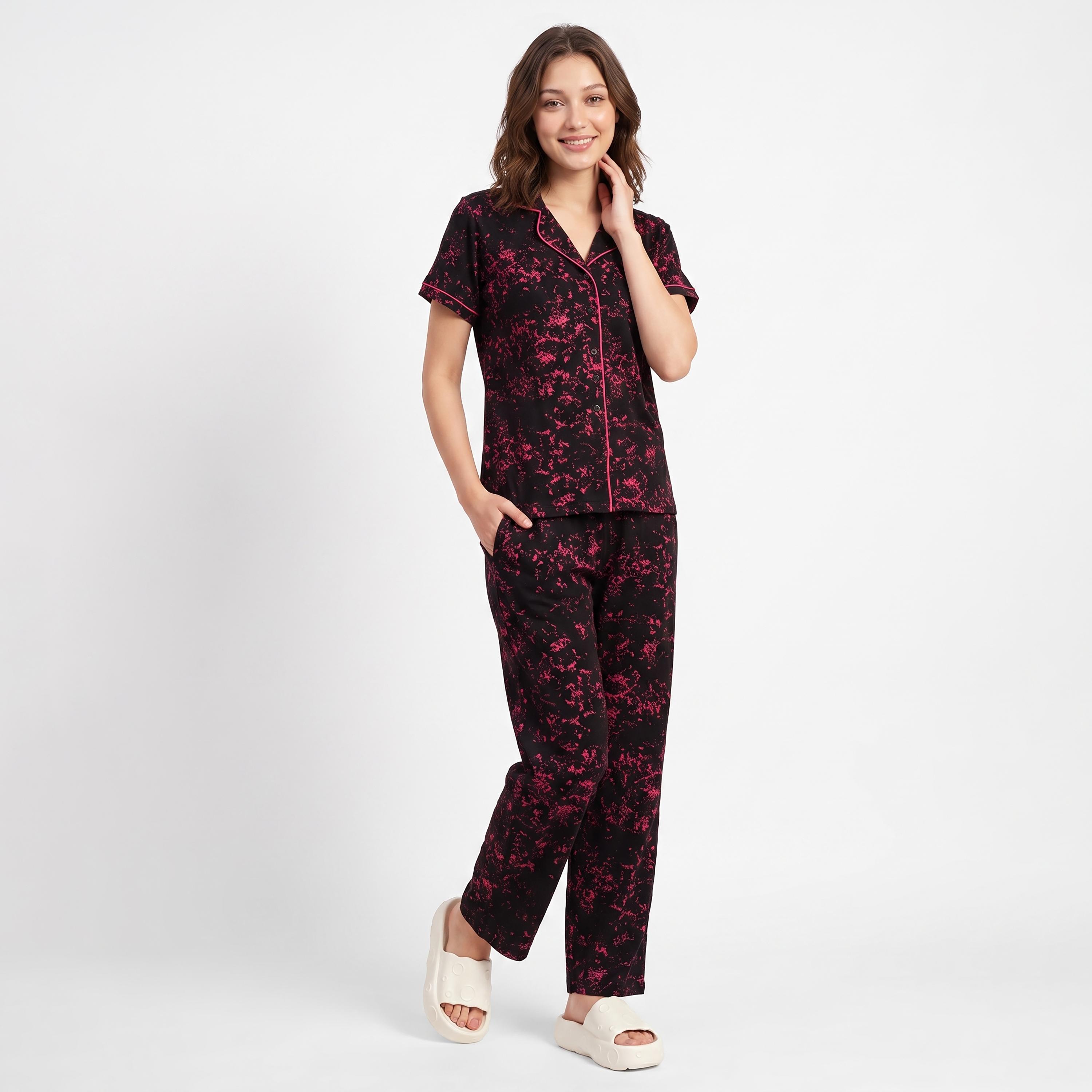 Clovia Printed Button Down Women's Night Suit in Black - 100% Cotton-women-clothing-nightwear-pyjamas-longsets-image-2