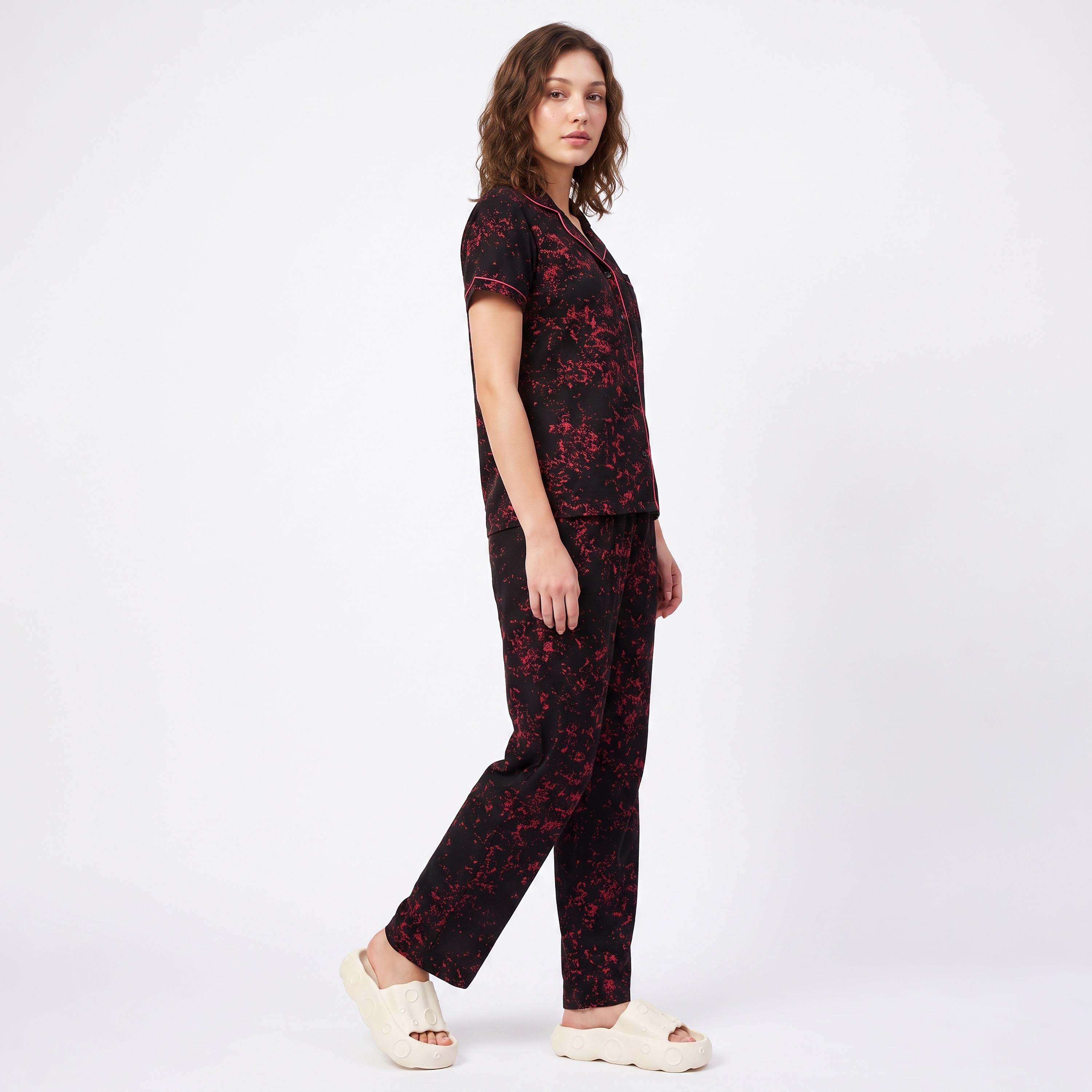 Clovia Printed Button Down Women's Night Suit in Black - 100% Cotton-women-clothing-nightwear-pyjamas-longsets-image-3