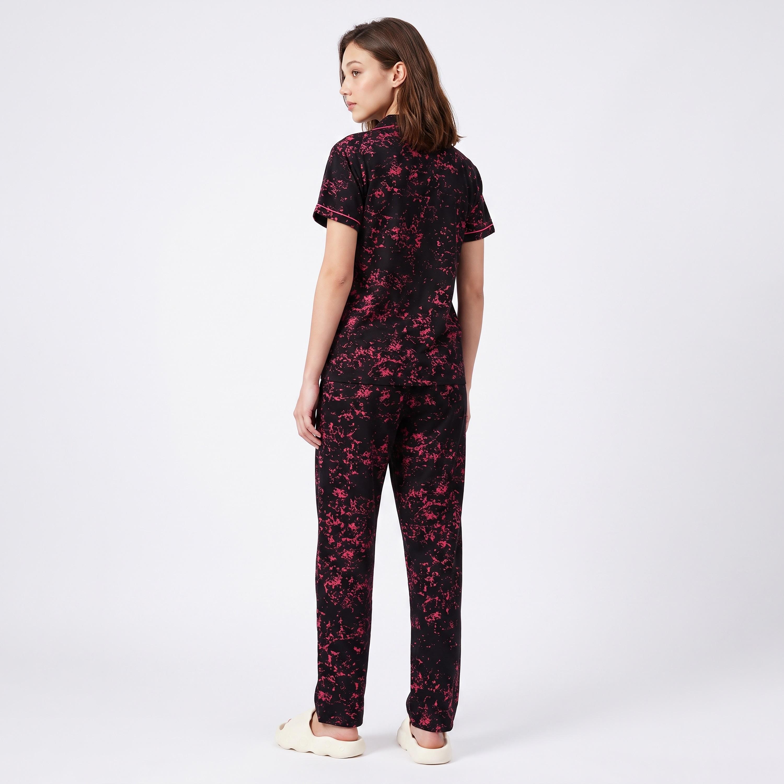 Clovia Printed Button Down Women's Night Suit in Black - 100% Cotton-women-clothing-nightwear-pyjamas-longsets-image-4