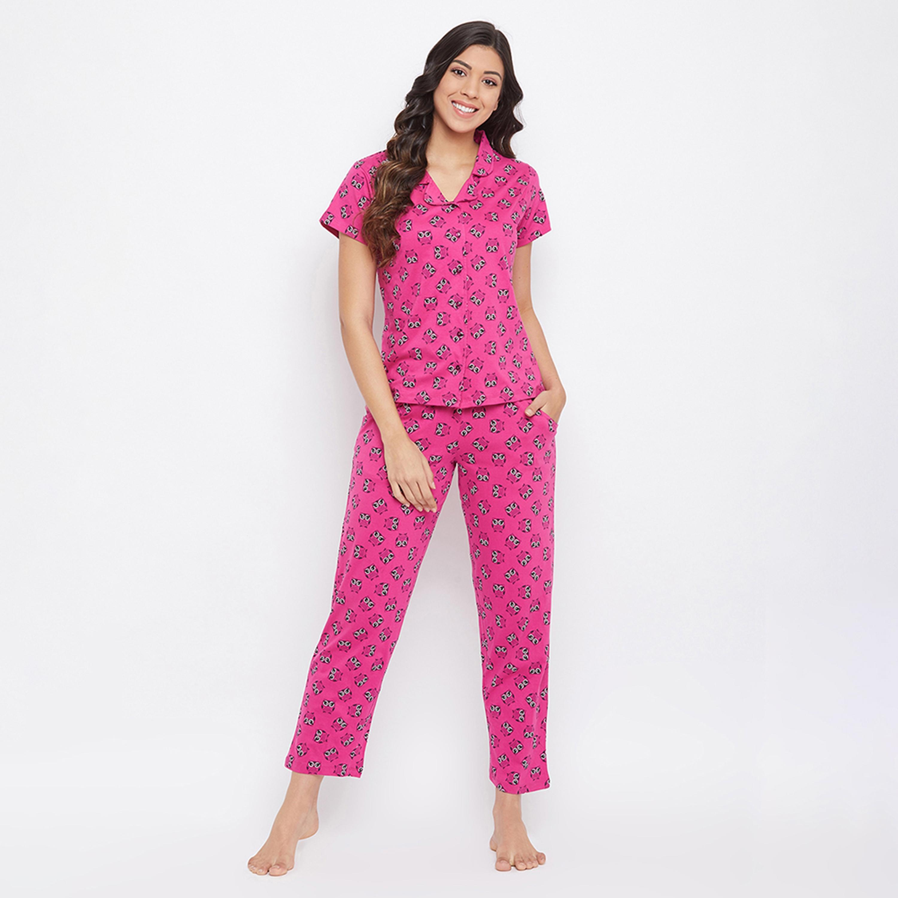 طقم قميص وبيجامة بأزرار وطبعة بومة - 100% قطن أرجواني من كلوفيا-women-clothing-nightwear-pyjamas-longsets-image-1