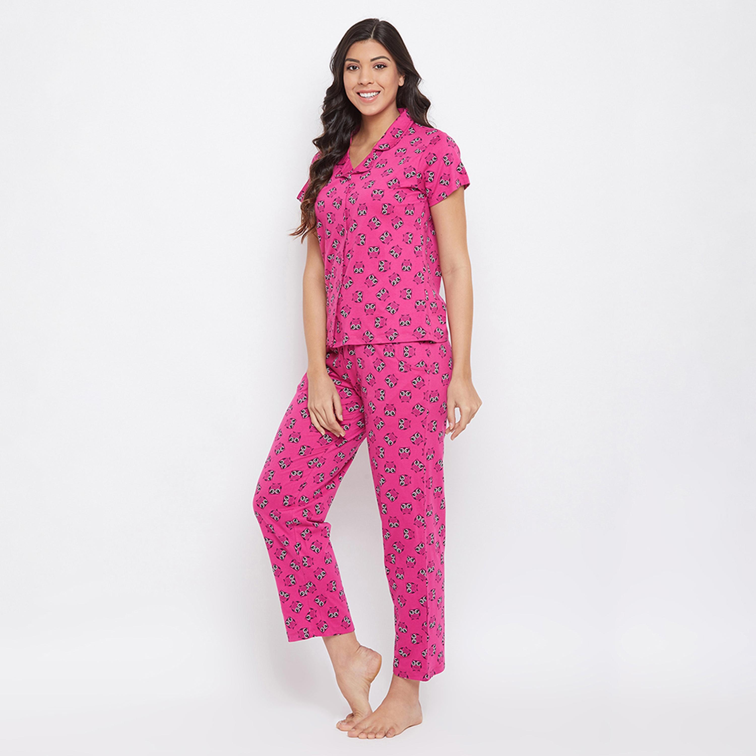 طقم قميص وبيجامة بأزرار وطبعة بومة - 100% قطن أرجواني من كلوفيا-women-clothing-nightwear-pyjamas-longsets-image-2