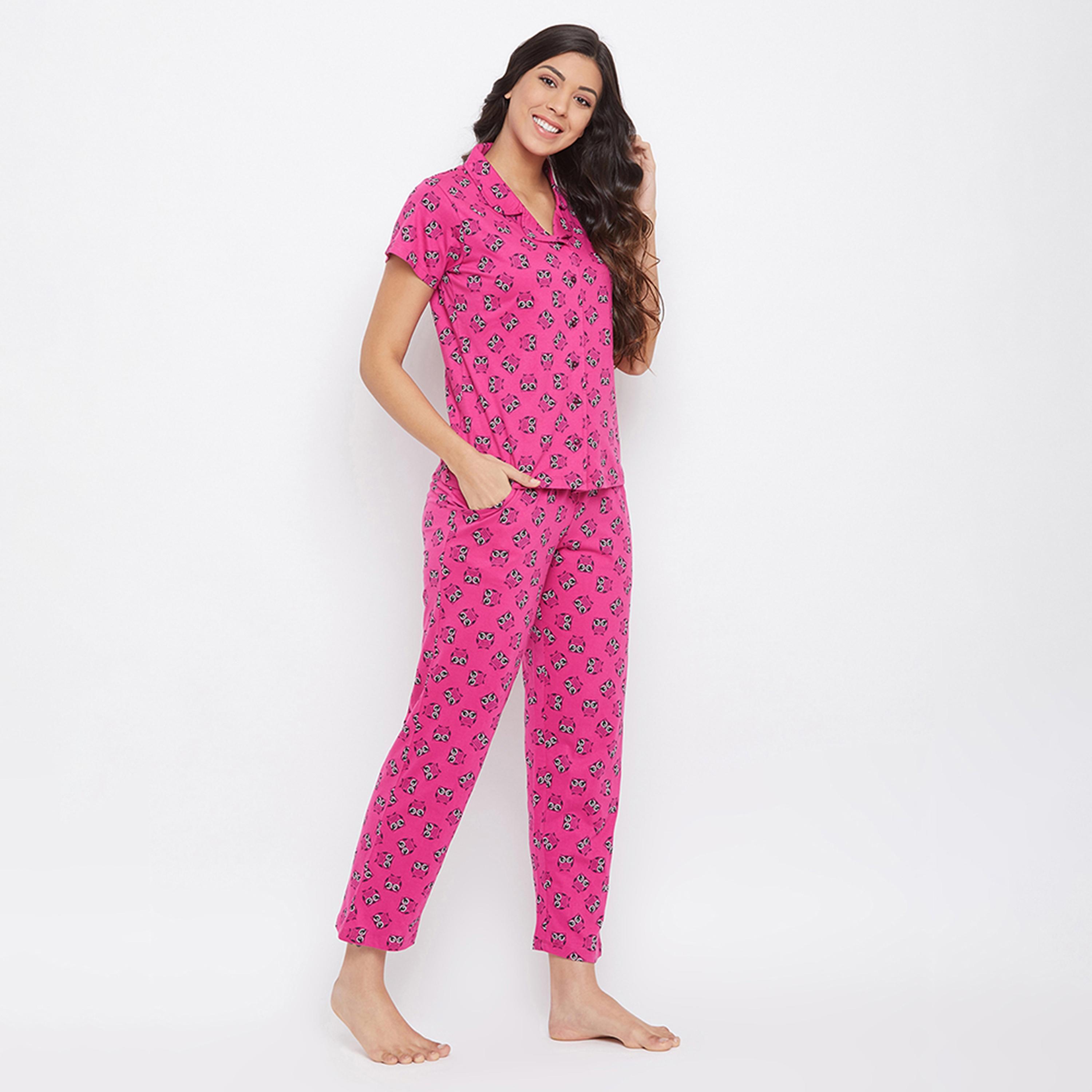 طقم قميص وبيجامة بأزرار وطبعة بومة - 100% قطن أرجواني من كلوفيا-women-clothing-nightwear-pyjamas-longsets-image-3