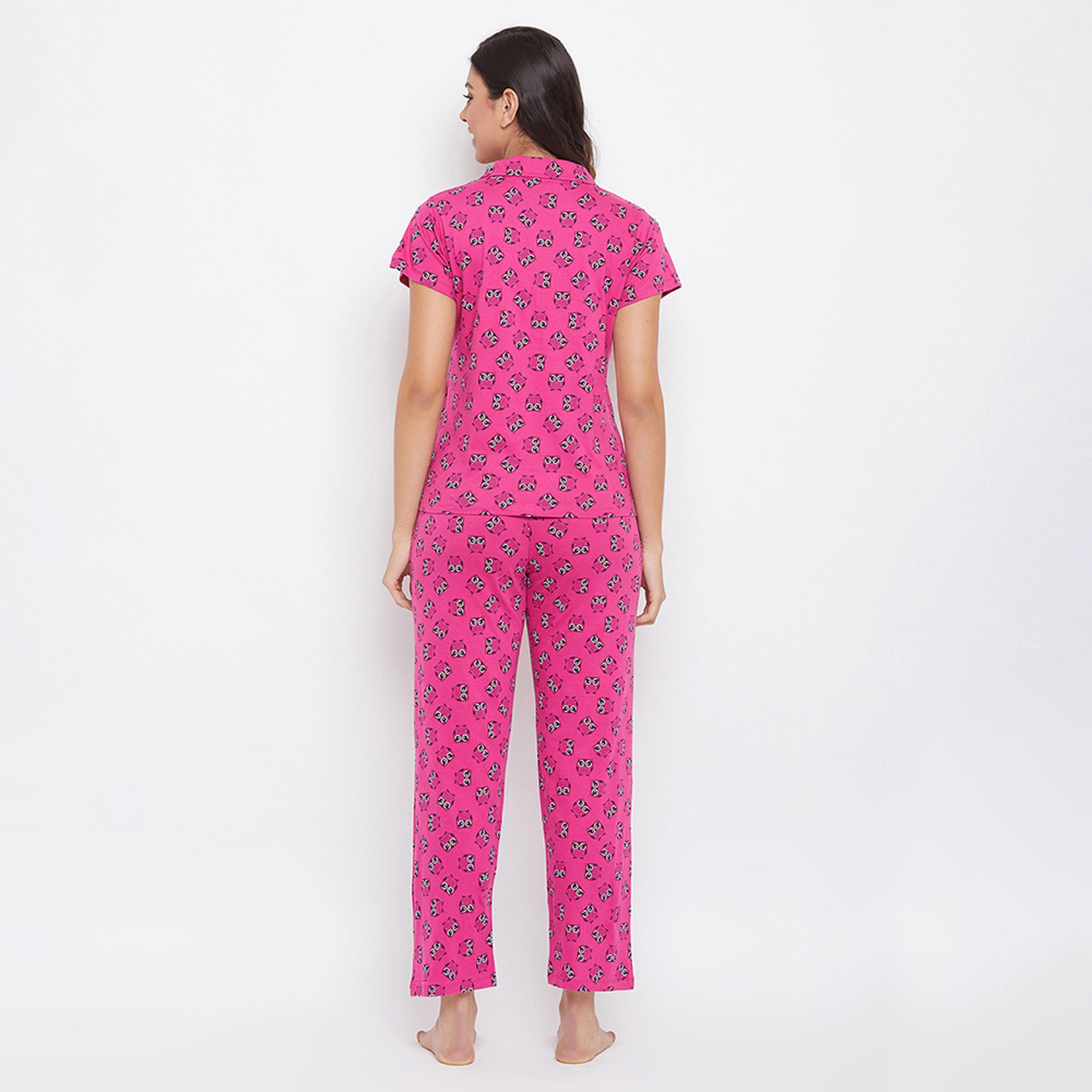 طقم قميص وبيجامة بأزرار وطبعة بومة - 100% قطن أرجواني من كلوفيا-women-clothing-nightwear-pyjamas-longsets-image-4