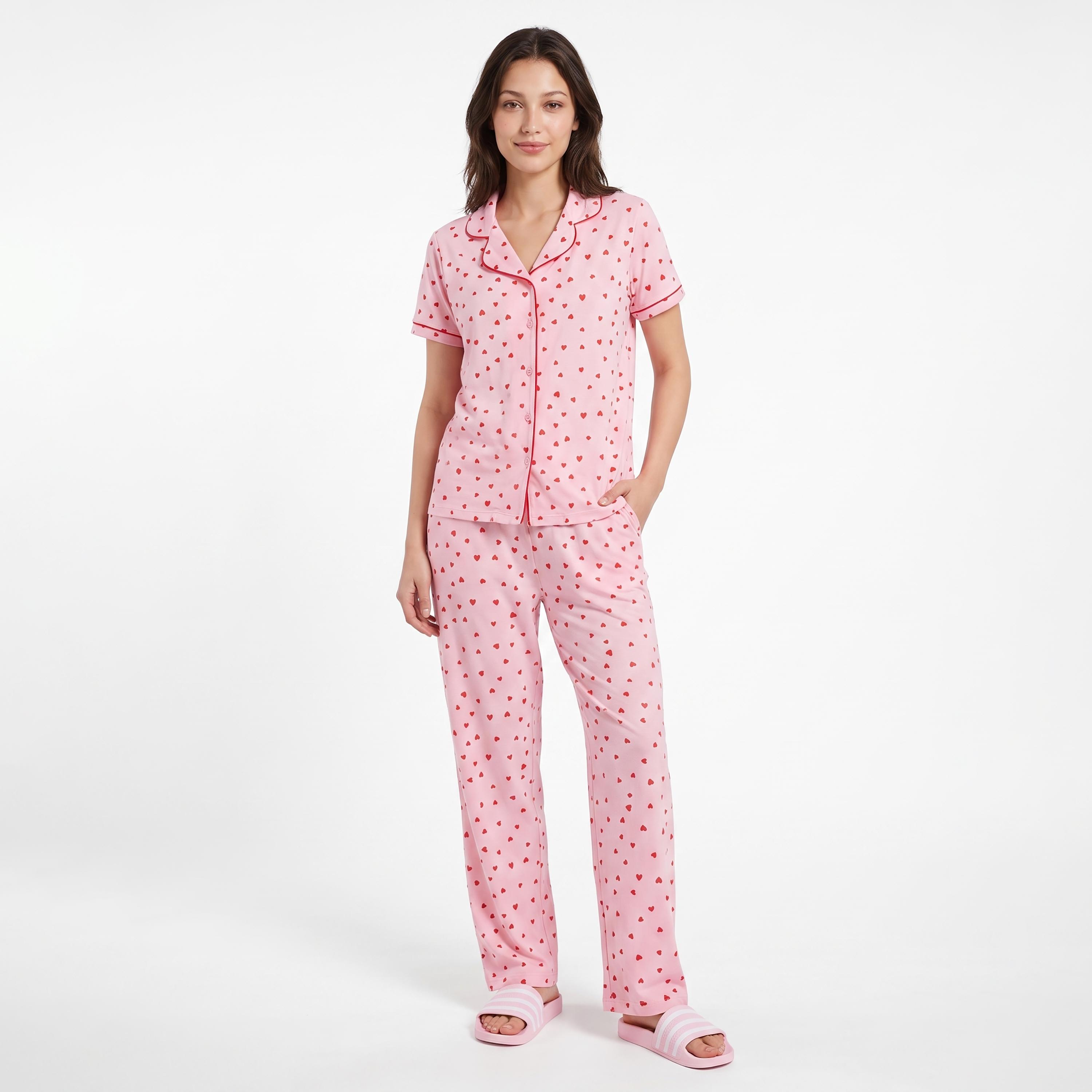 Clovia Strawberry Print Button Down Women's Night Suit in Baby Pink - 100% Cotton-women-clothing-nightwear-pyjamas-longsets-image-1
