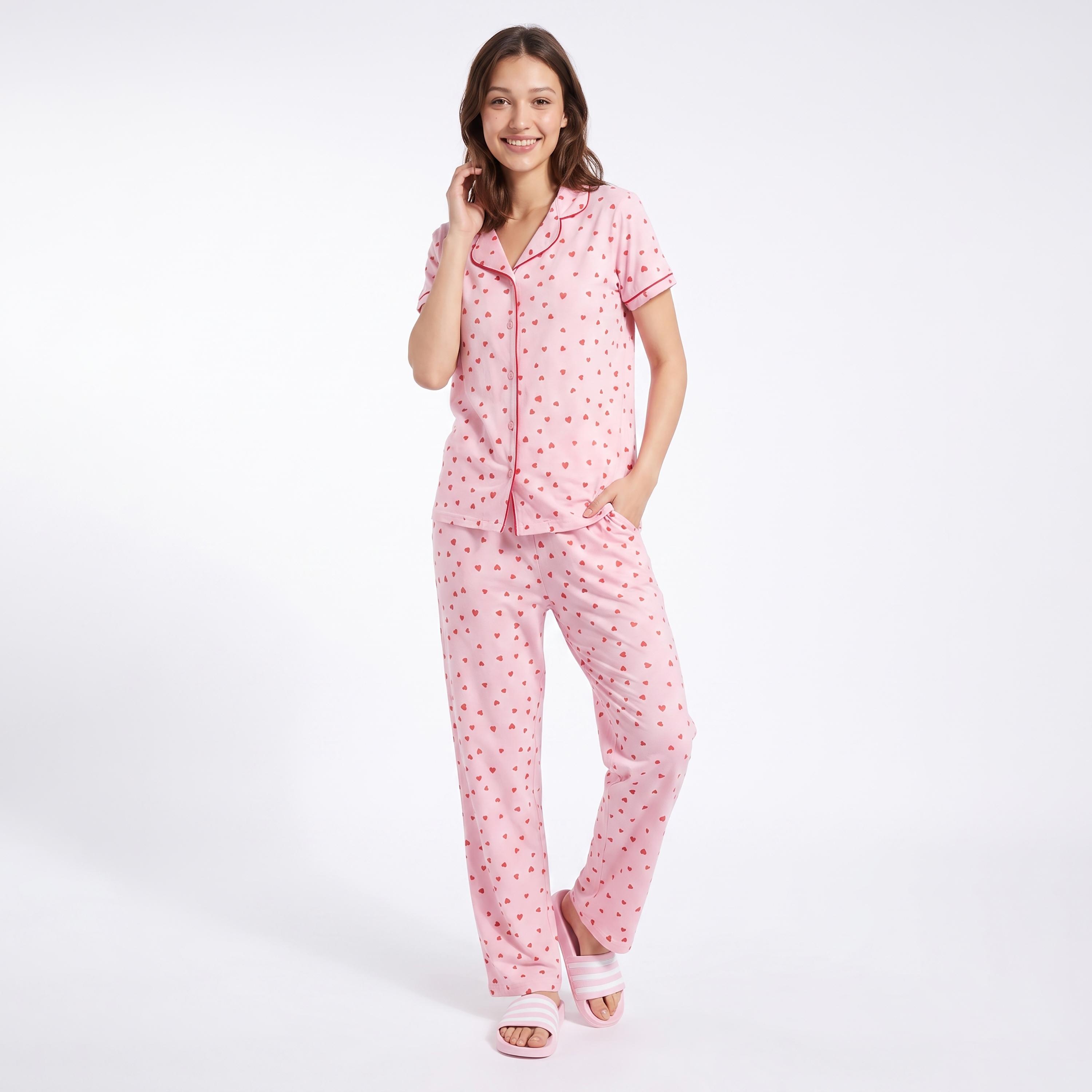 Clovia Strawberry Print Button Down Women's Night Suit in Baby Pink - 100% Cotton-women-clothing-nightwear-pyjamas-longsets-image-2