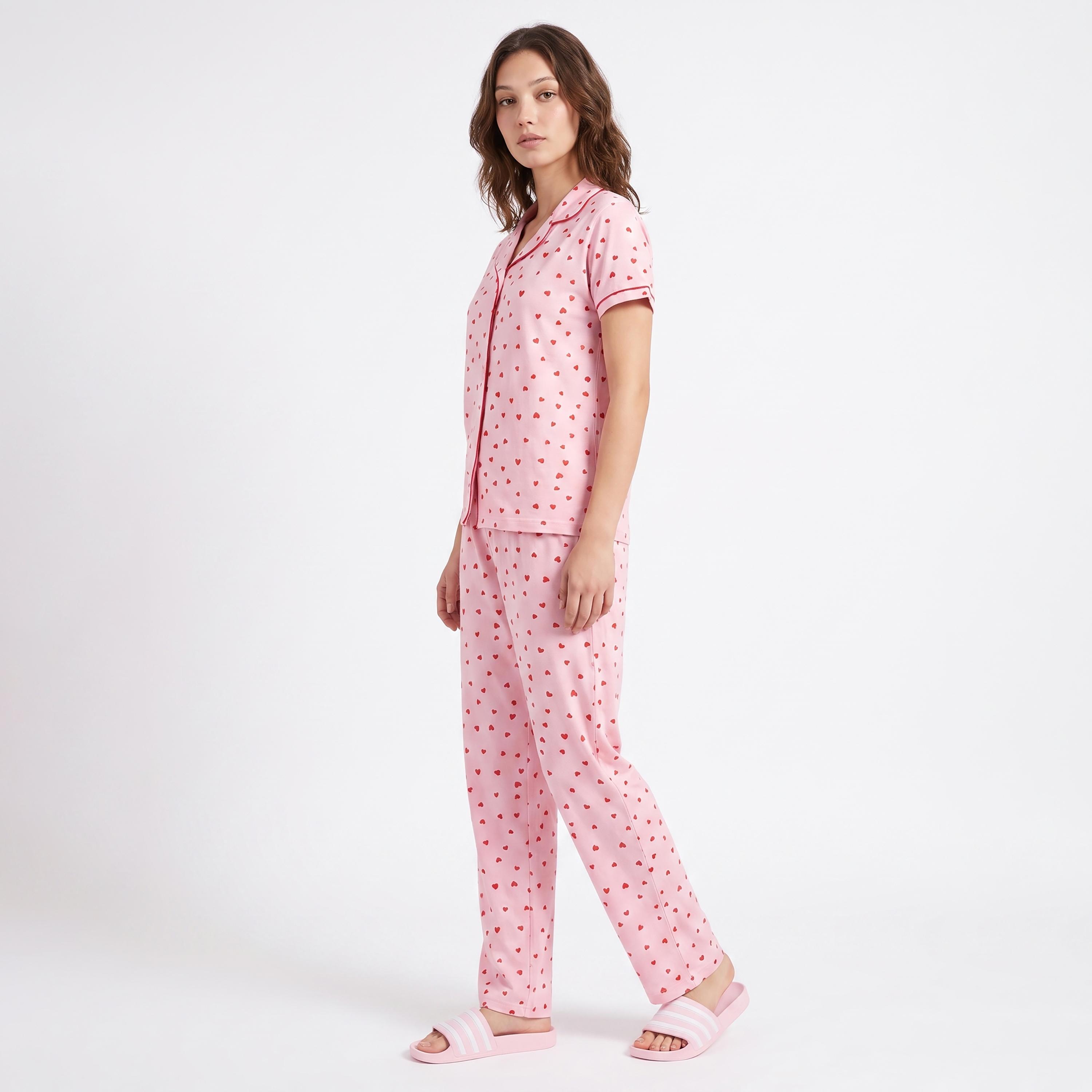Clovia Strawberry Print Button Down Women's Night Suit in Baby Pink - 100% Cotton-women-clothing-nightwear-pyjamas-longsets-image-3