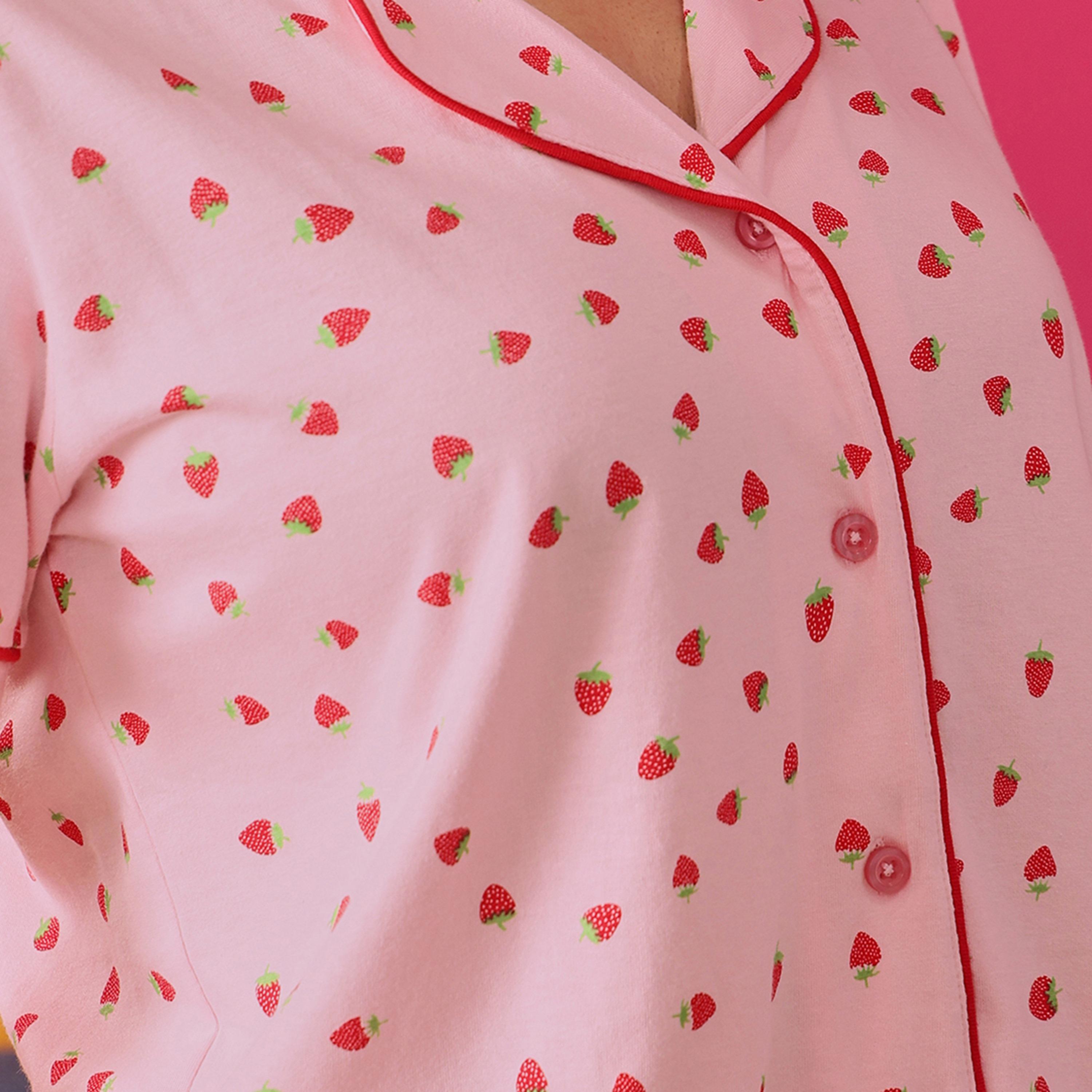 Clovia Strawberry Print Button Down Women's Night Suit in Baby Pink - 100% Cotton-women-clothing-nightwear-pyjamas-longsets-image-5