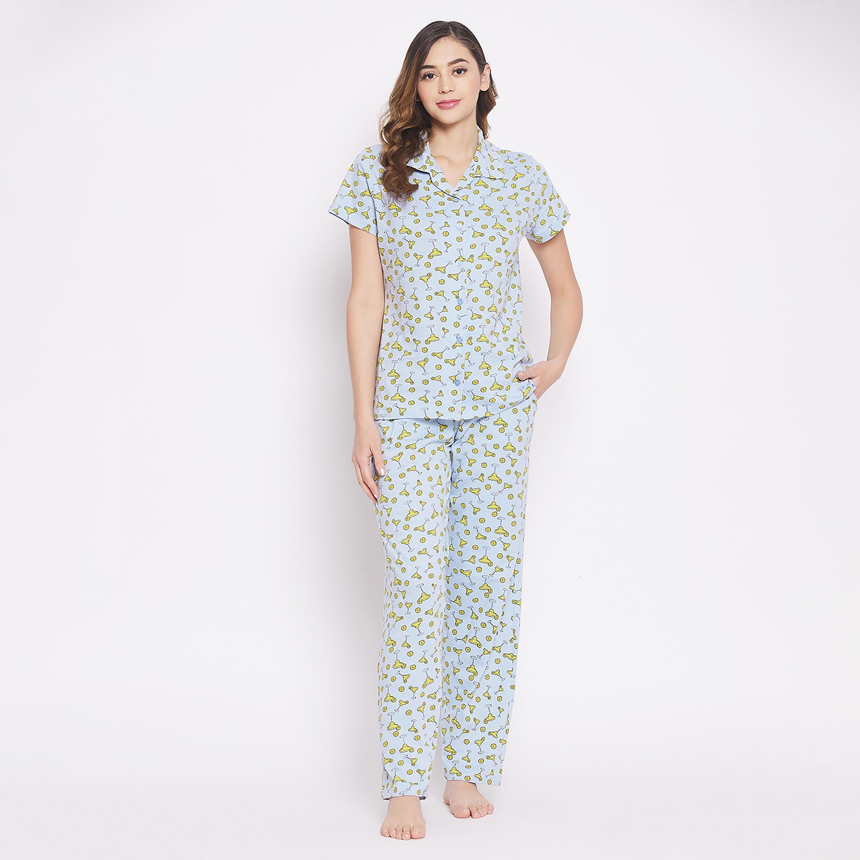 Clovia Set of Printed Collared Shirt with Pyjama-women-clothing-nightwear-pyjamas-longsets-image-2