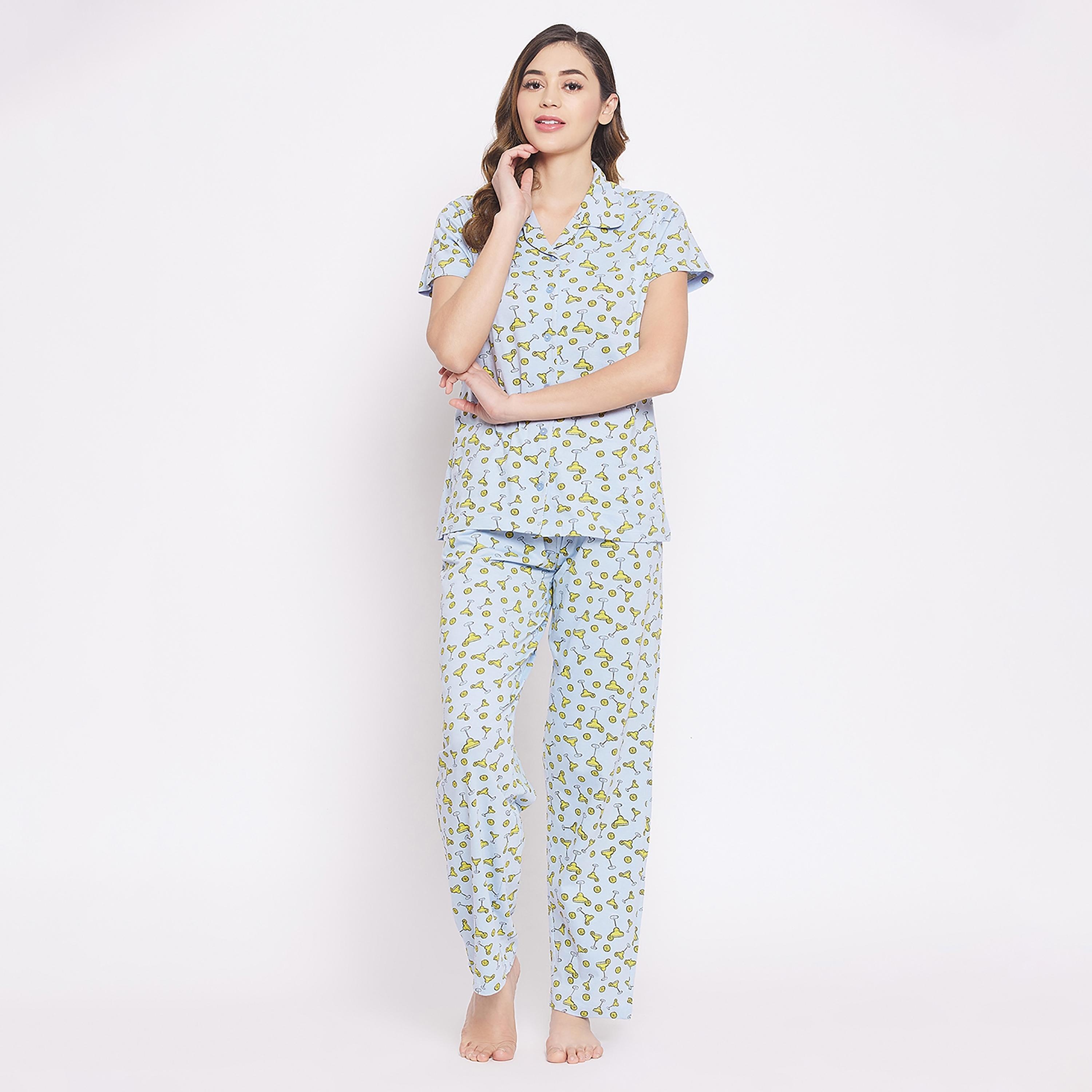 Clovia Set of Printed Collared Shirt with Pyjama-women-clothing-nightwear-pyjamas-longsets-image-3