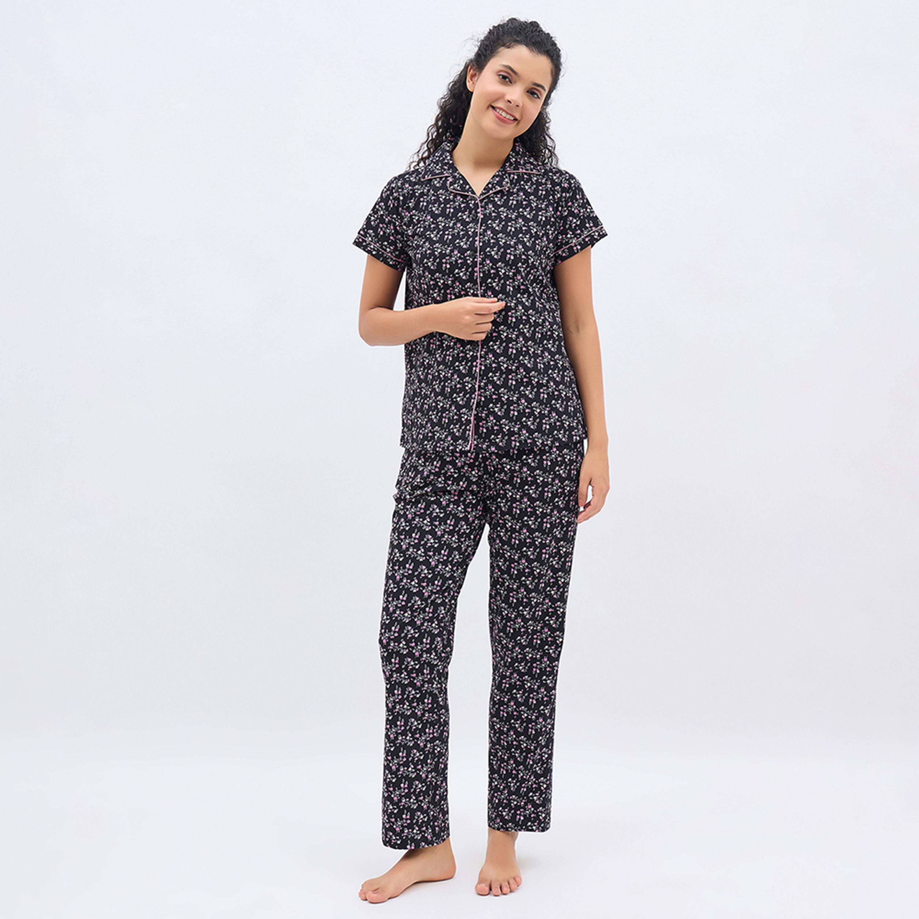 Clovia Floral Print Button-Down Women's Shirt & Pyjama Set in Black - 100% Cotton-women-clothing-nightwear-pyjamas-longsets-image-1