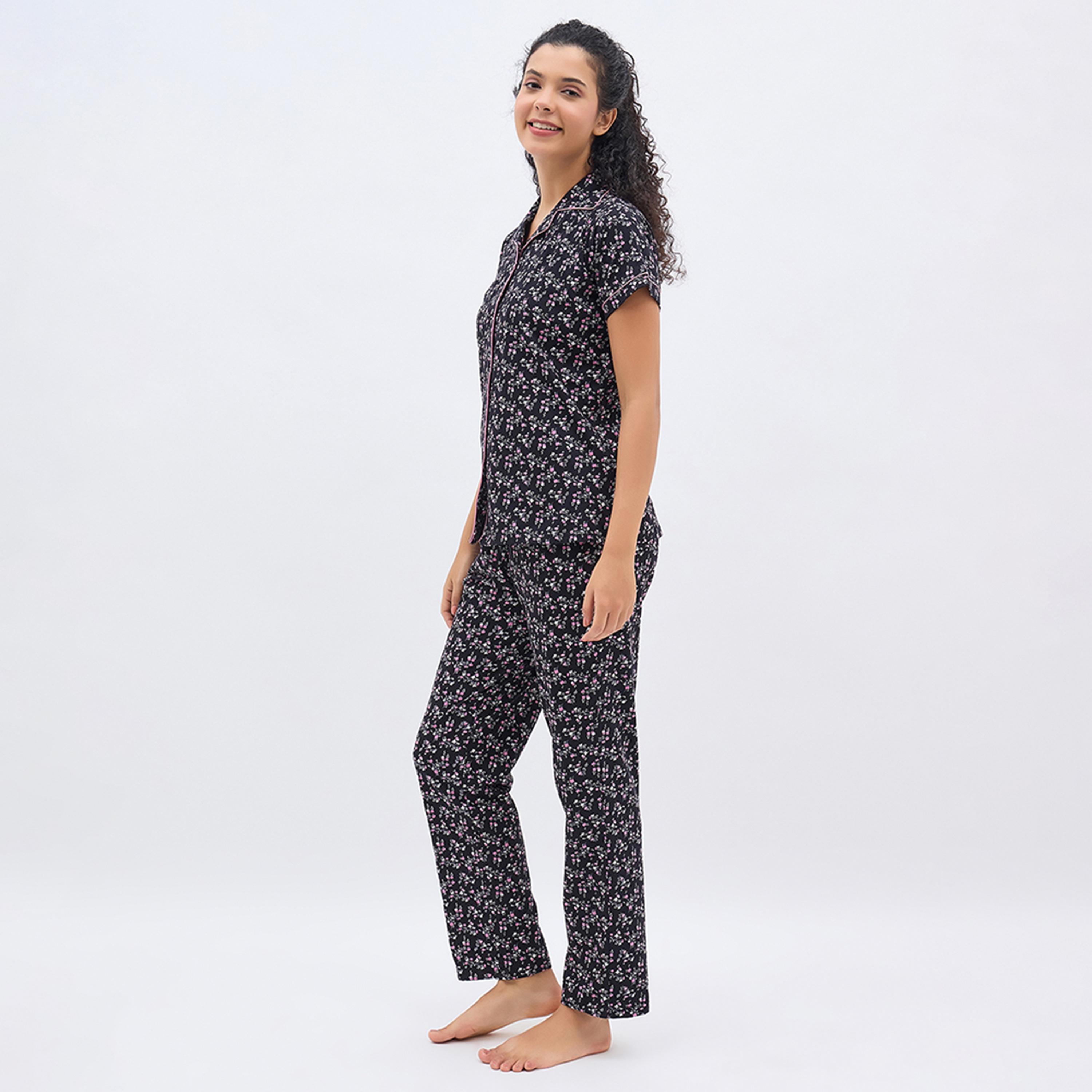 Clovia Floral Print Button-Down Women's Shirt & Pyjama Set in Black - 100% Cotton-women-clothing-nightwear-pyjamas-longsets-image-2