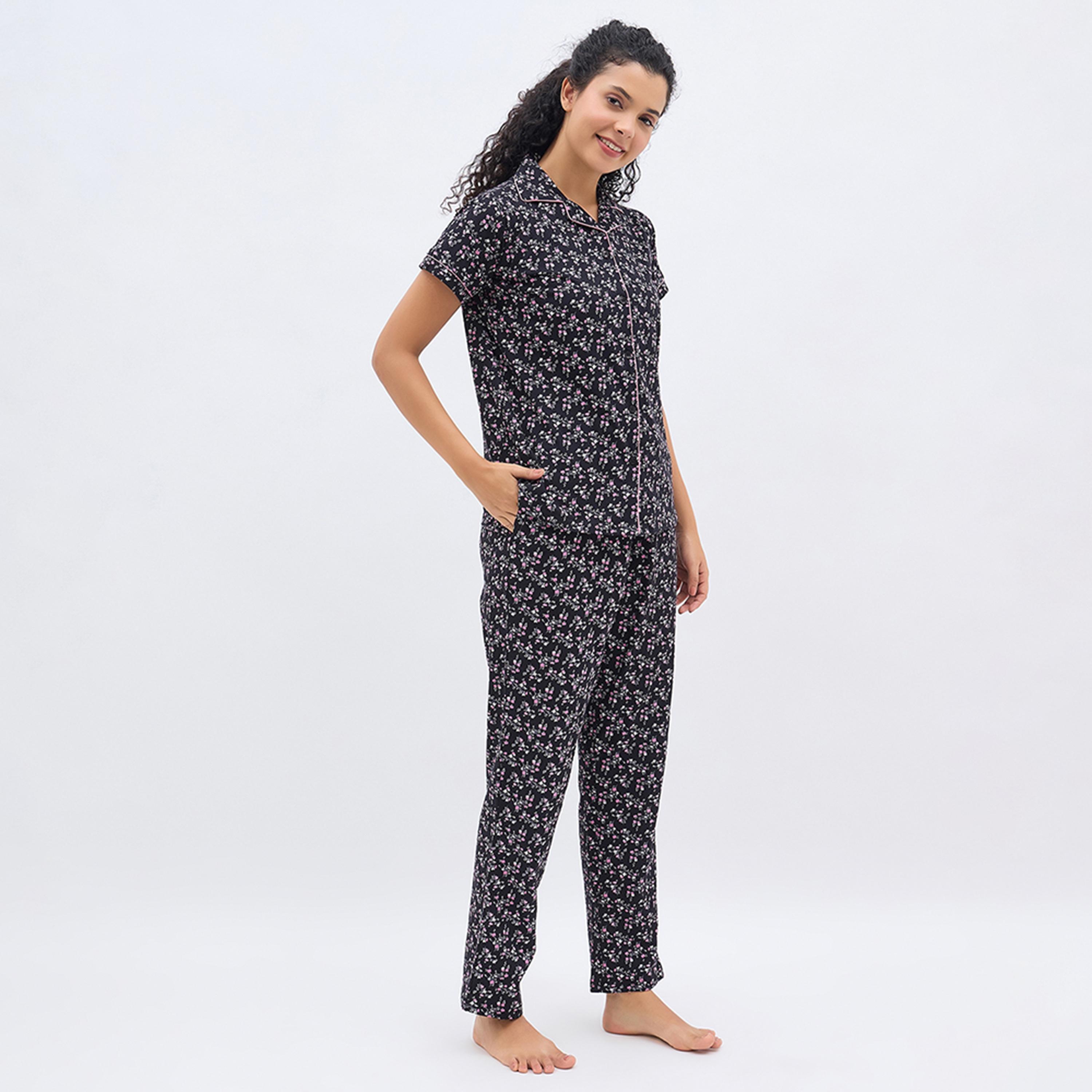 Clovia Floral Print Button-Down Women's Shirt & Pyjama Set in Black - 100% Cotton-women-clothing-nightwear-pyjamas-longsets-image-3