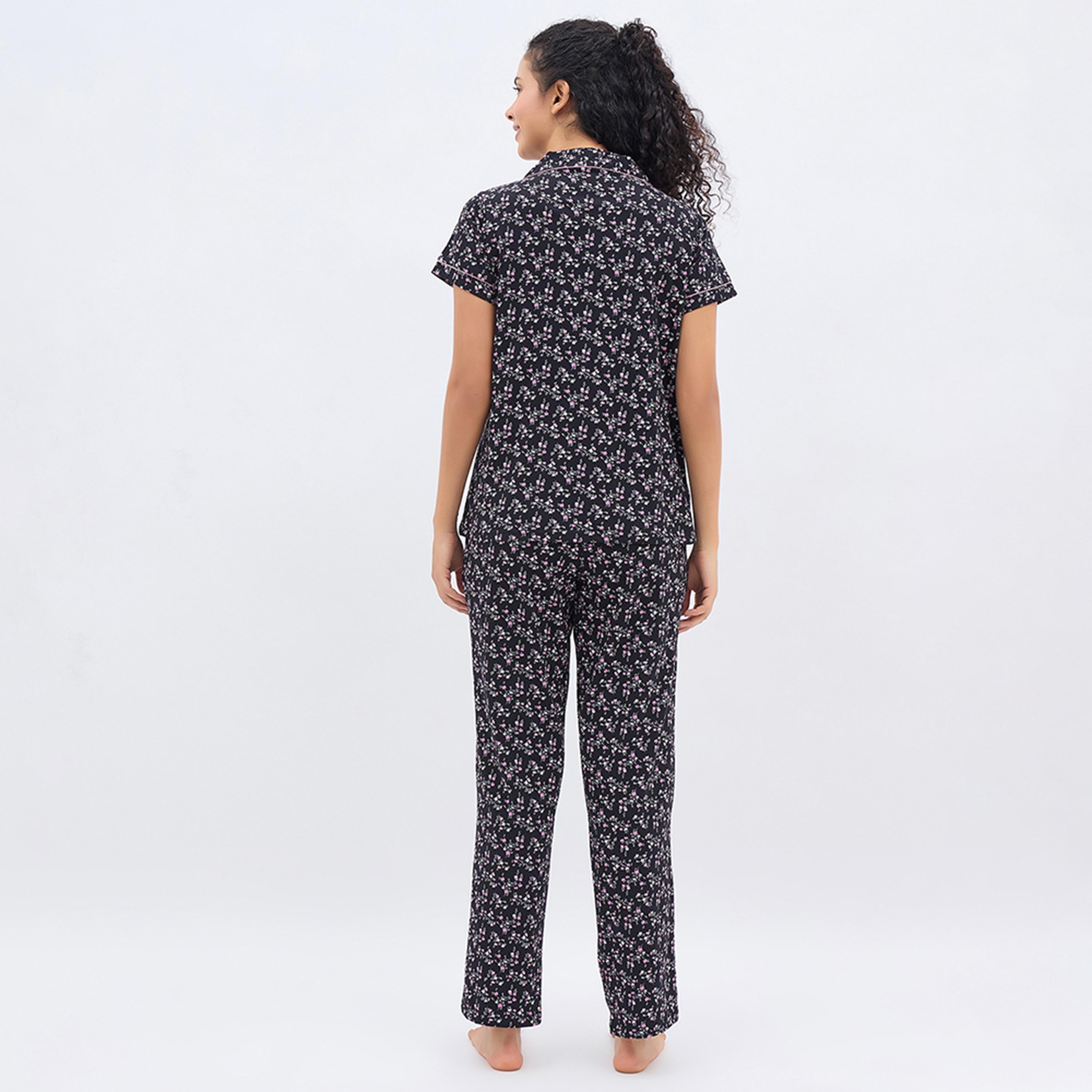 Clovia Floral Print Button-Down Women's Shirt & Pyjama Set in Black - 100% Cotton-women-clothing-nightwear-pyjamas-longsets-image-4