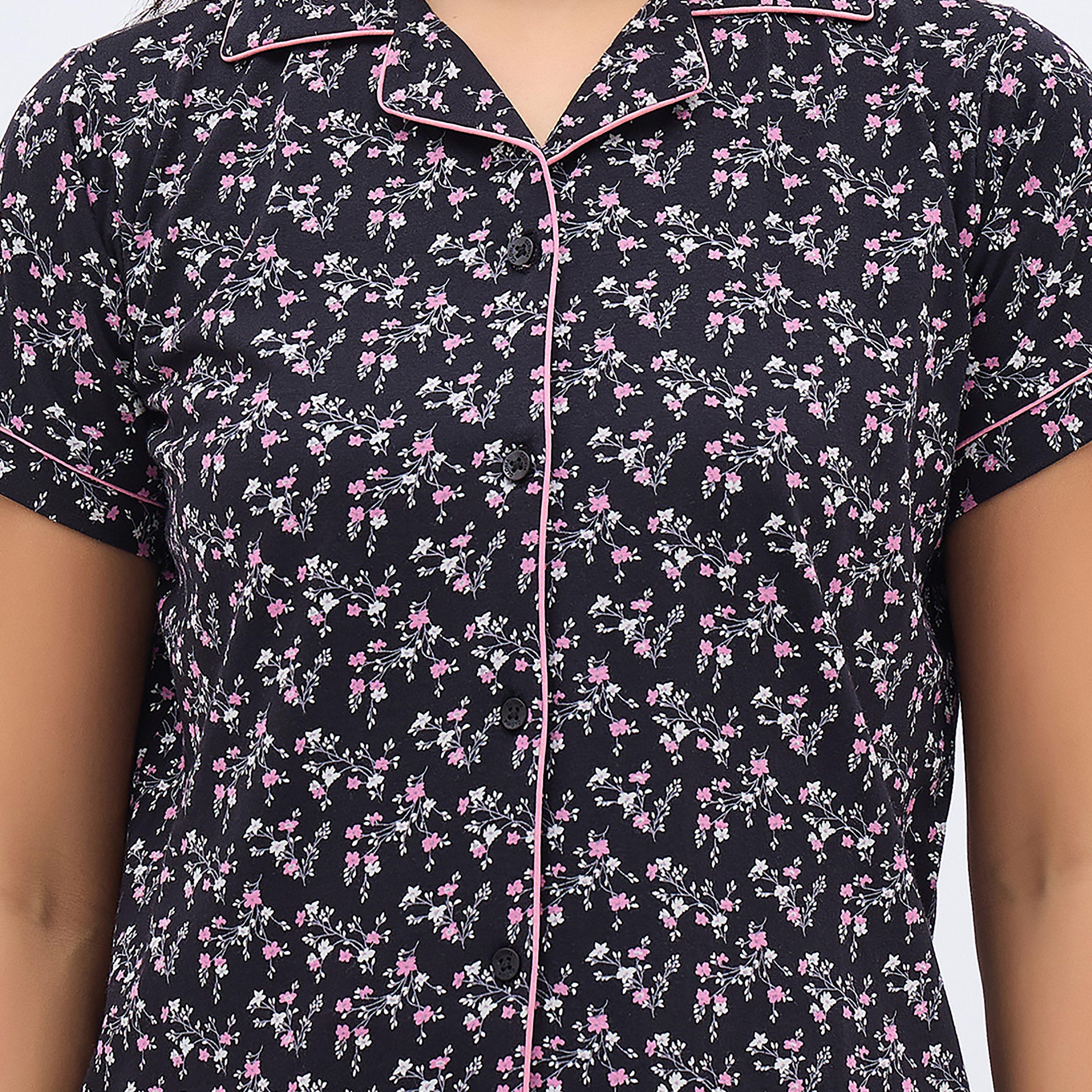 Clovia Floral Print Button-Down Women's Shirt & Pyjama Set in Black - 100% Cotton-women-clothing-nightwear-pyjamas-longsets-image-5