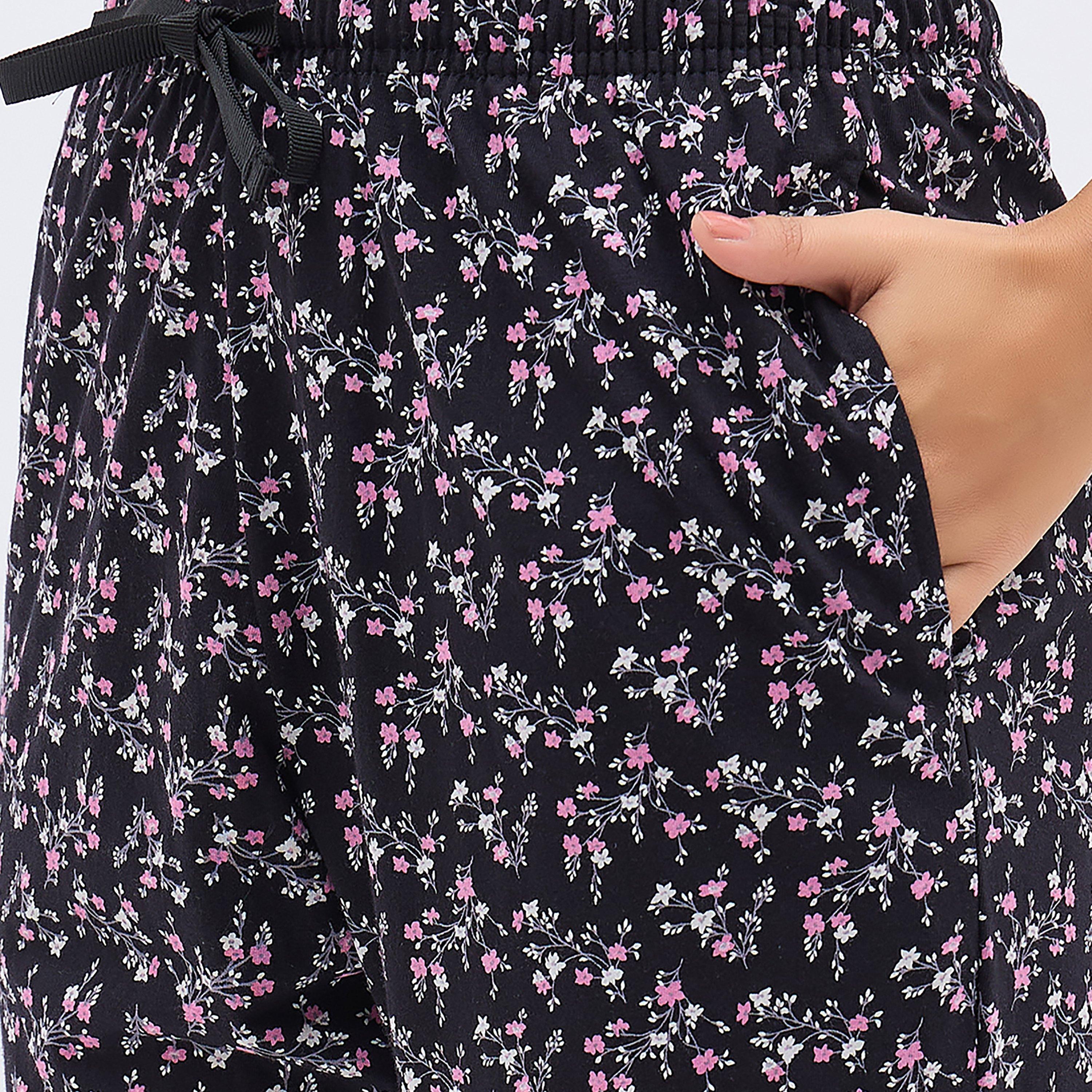 Clovia Floral Print Button-Down Women's Shirt & Pyjama Set in Black - 100% Cotton-women-clothing-nightwear-pyjamas-longsets-image-6