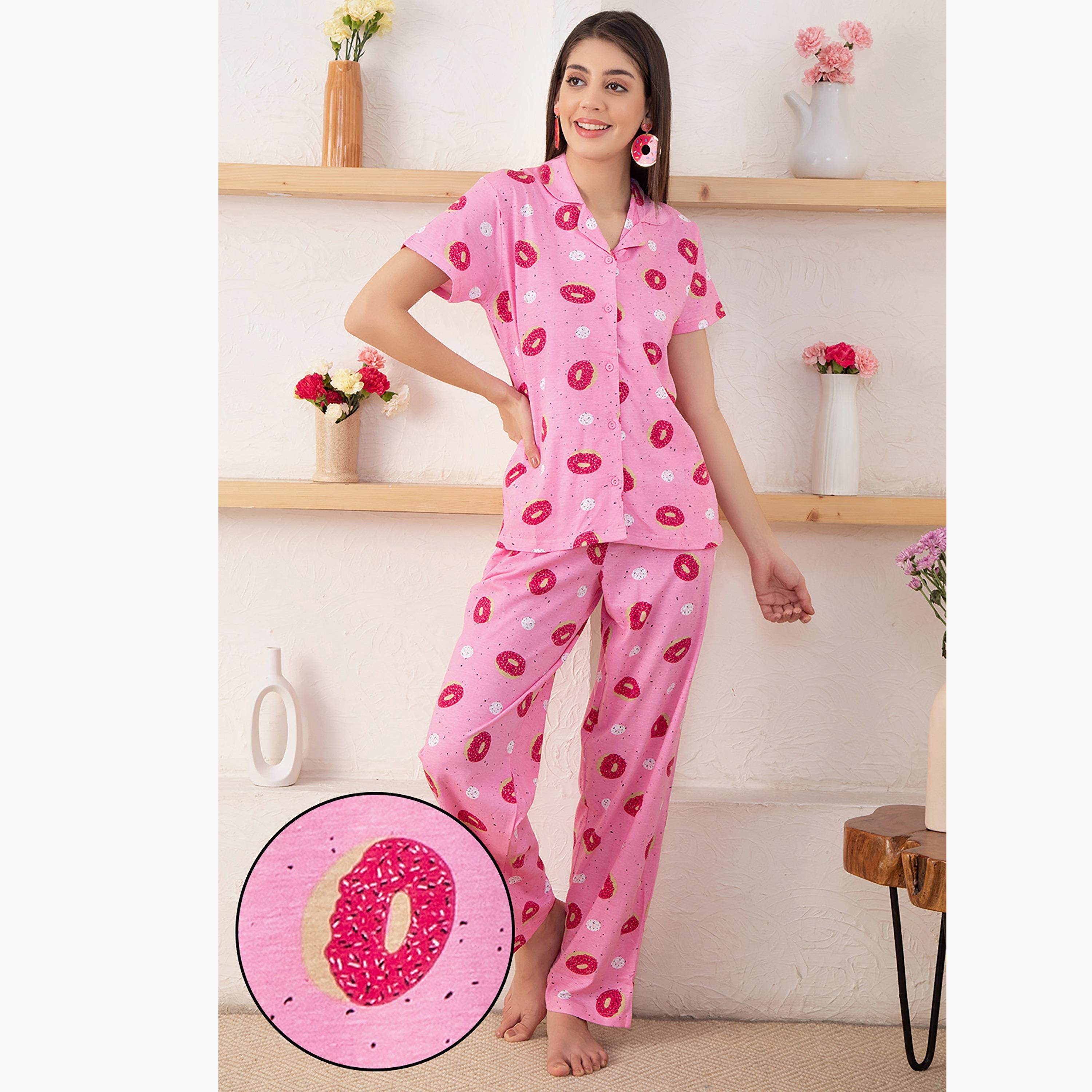 Clovia Set of Printed Collared Shirt with Pyjama-women-clothing-nightwear-pyjamas-longsets-image-1