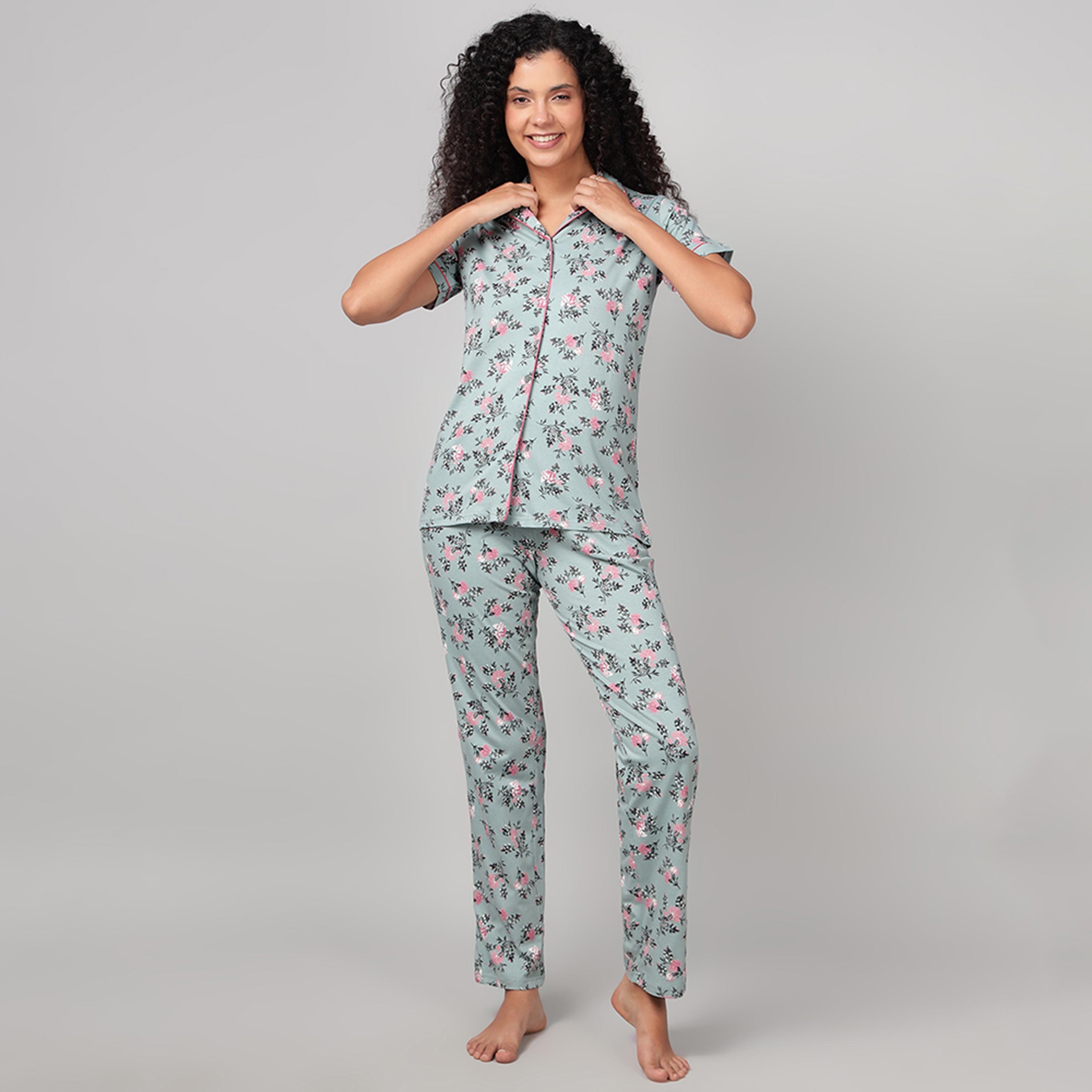 طقم قميص وبيجامة بأزرار وطبعة زهور - 100% قطن أخضر فاتح من كلوفيا-women-clothing-nightwear-pyjamas-longsets-image-7