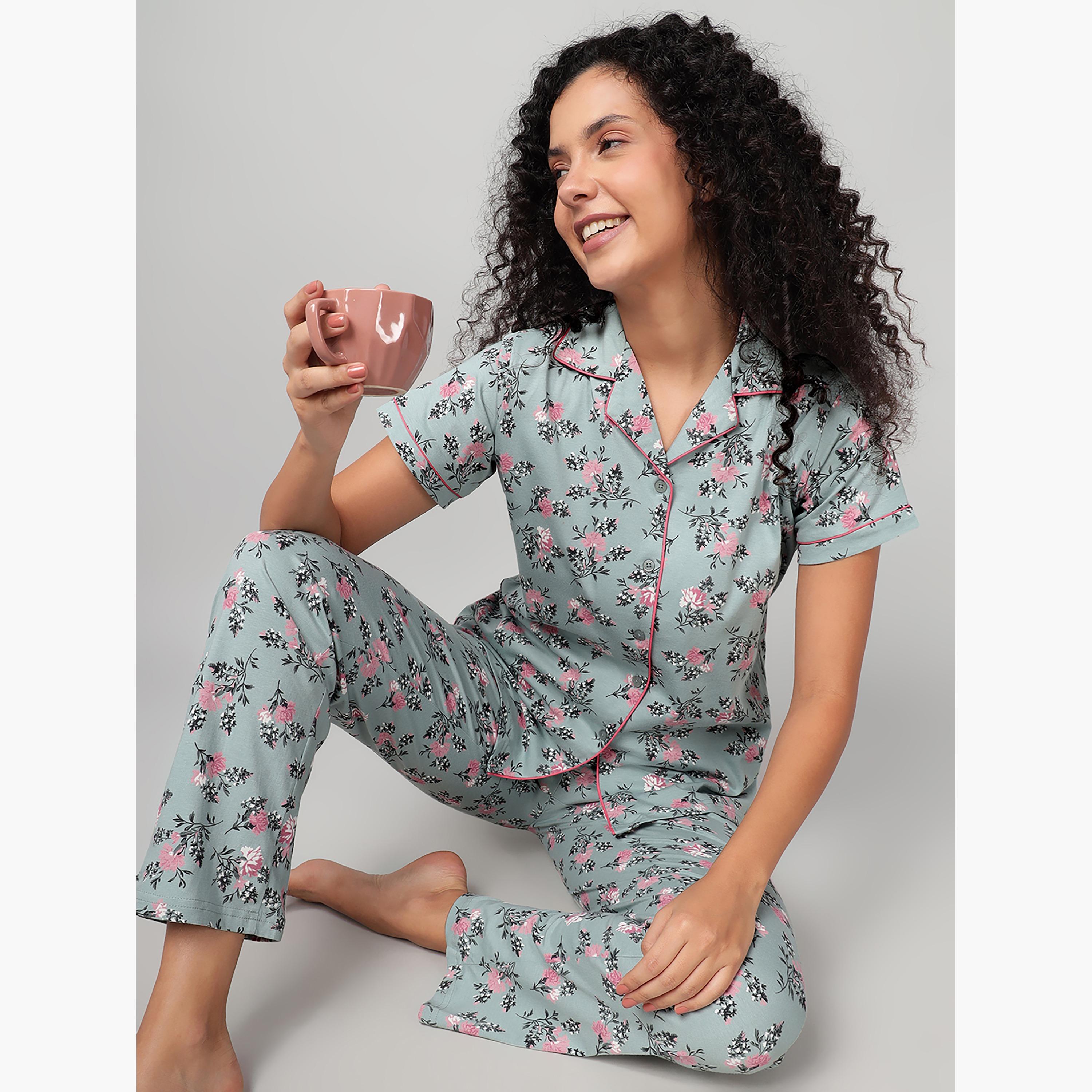 طقم قميص وبيجامة بأزرار وطبعة زهور - 100% قطن أخضر فاتح من كلوفيا-women-clothing-nightwear-pyjamas-longsets-image-6