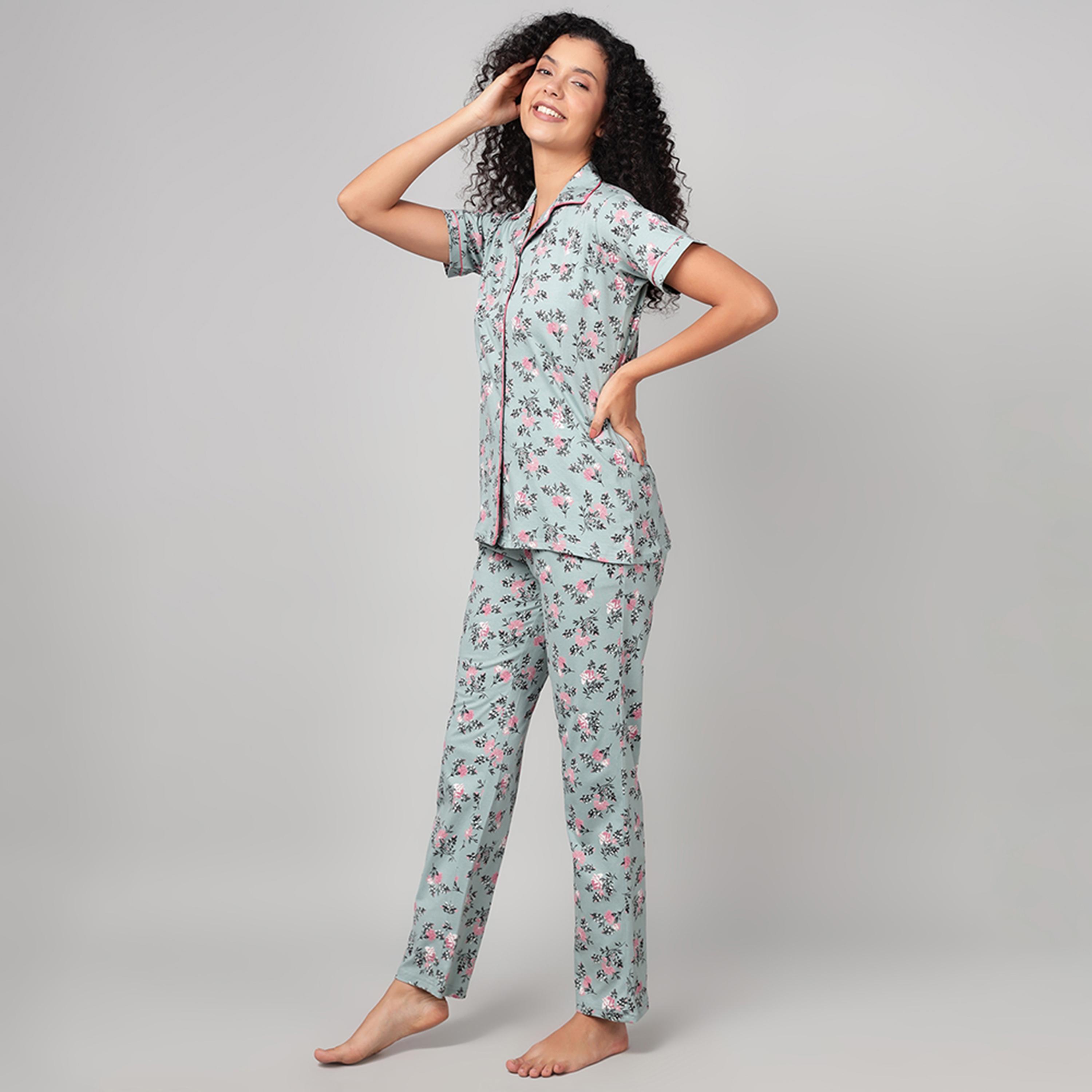 طقم قميص وبيجامة بأزرار وطبعة زهور - 100% قطن أخضر فاتح من كلوفيا-women-clothing-nightwear-pyjamas-longsets-image-5