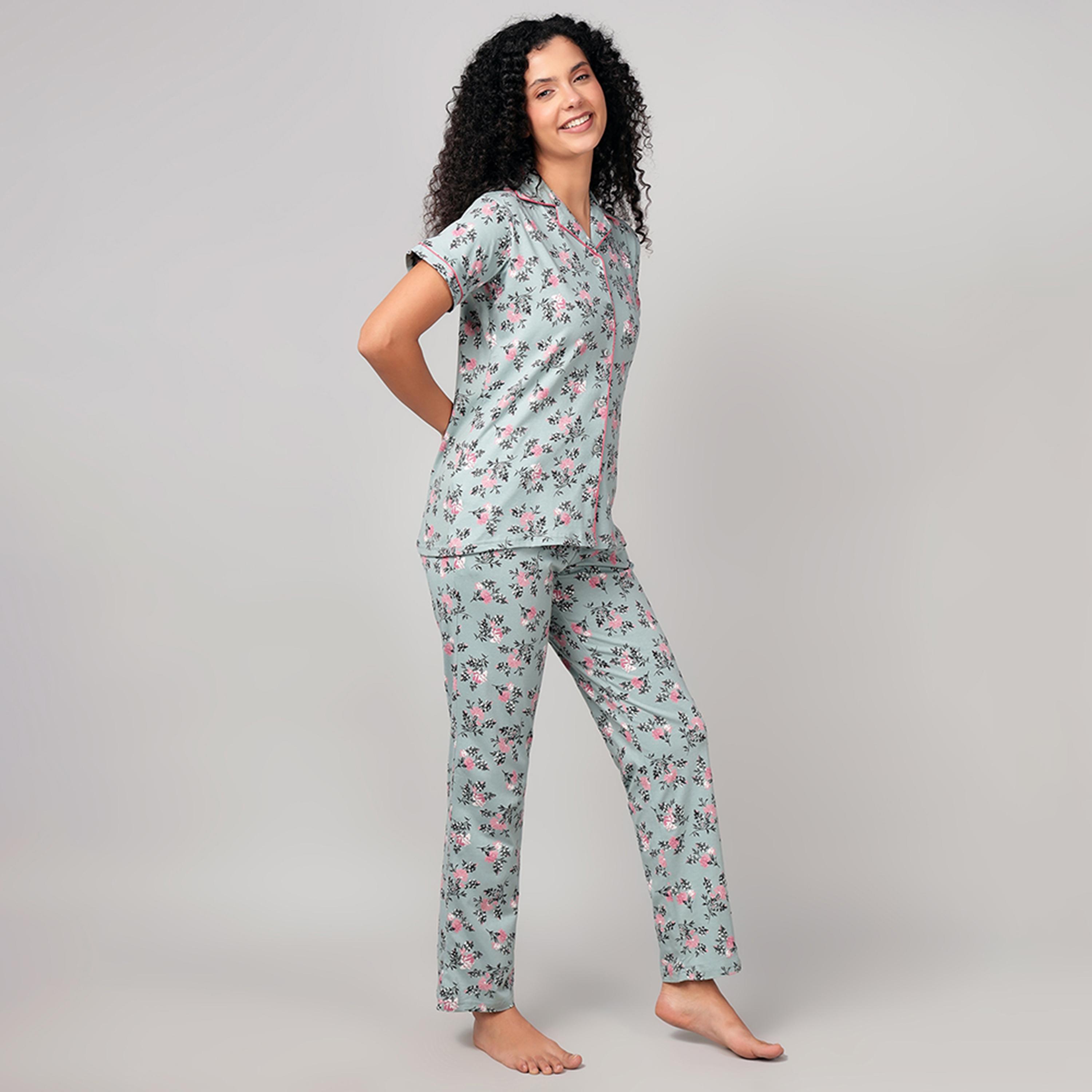 طقم قميص وبيجامة بأزرار وطبعة زهور - 100% قطن أخضر فاتح من كلوفيا-women-clothing-nightwear-pyjamas-longsets-image-4