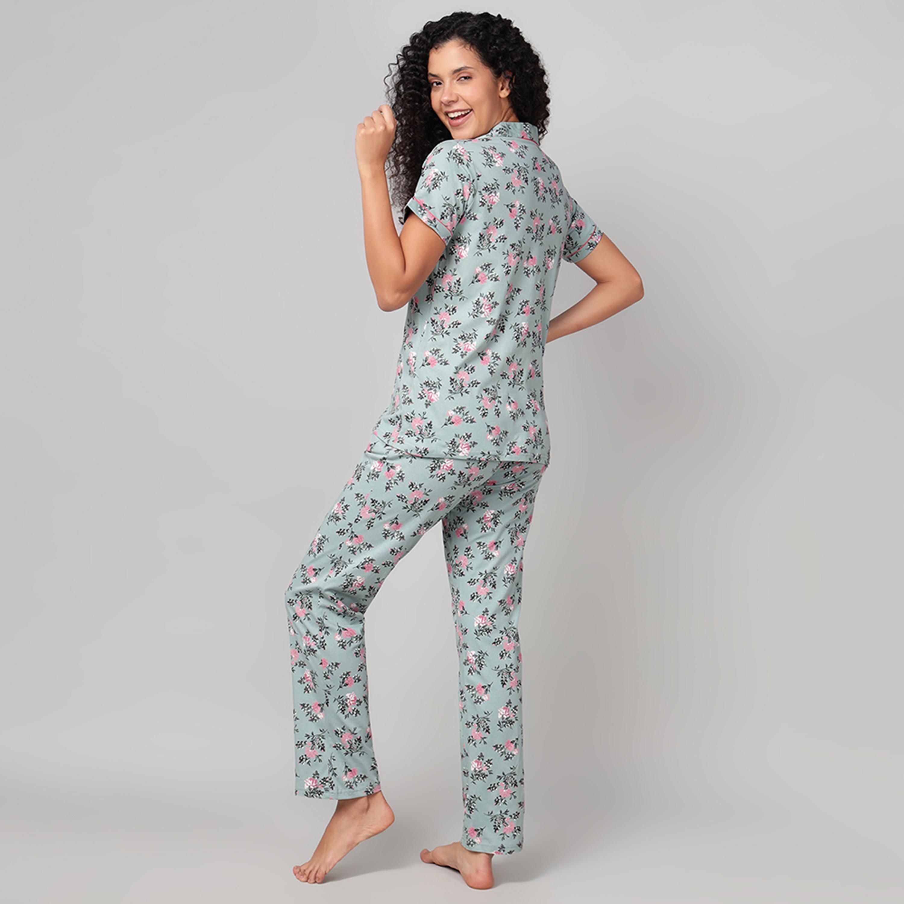 طقم قميص وبيجامة بأزرار وطبعة زهور - 100% قطن أخضر فاتح من كلوفيا-women-clothing-nightwear-pyjamas-longsets-image-3