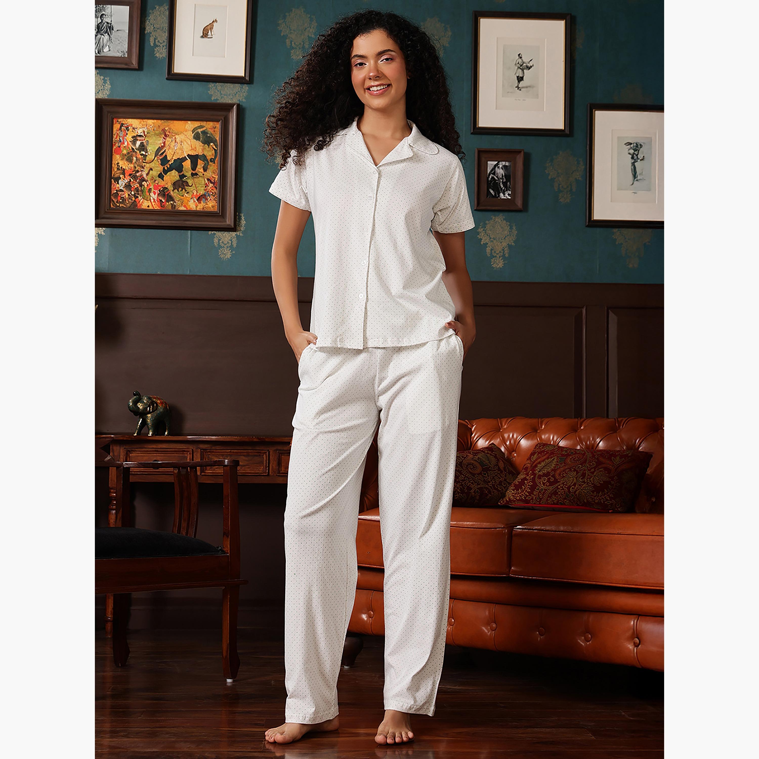 طقم قميص وبيجامة بأزرار وطبعة نقاط - 100% قطن أبيض من كلوفيا-women-clothing-nightwear-pyjamas-longsets-image-1
