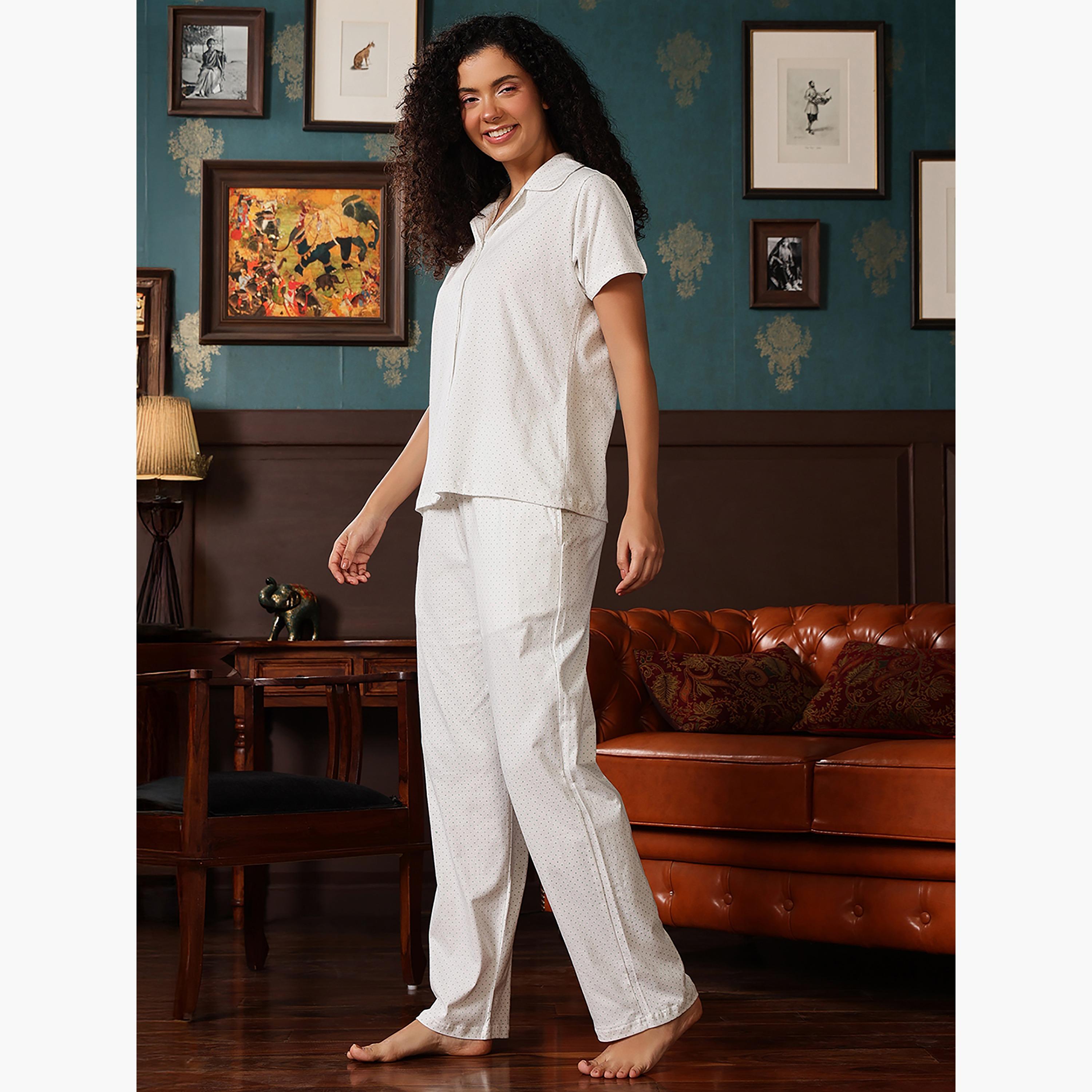 طقم قميص وبيجامة بأزرار وطبعة نقاط - 100% قطن أبيض من كلوفيا-women-clothing-nightwear-pyjamas-longsets-image-2