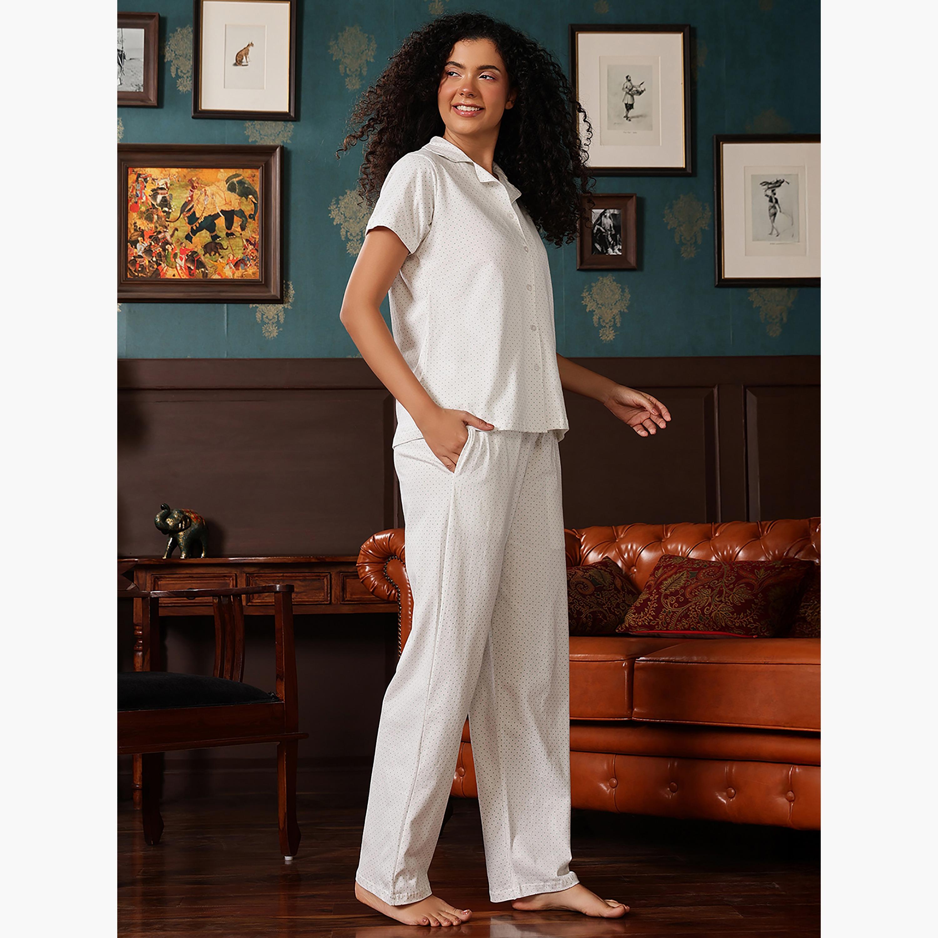 طقم قميص وبيجامة بأزرار وطبعة نقاط - 100% قطن أبيض من كلوفيا-women-clothing-nightwear-pyjamas-longsets-image-3