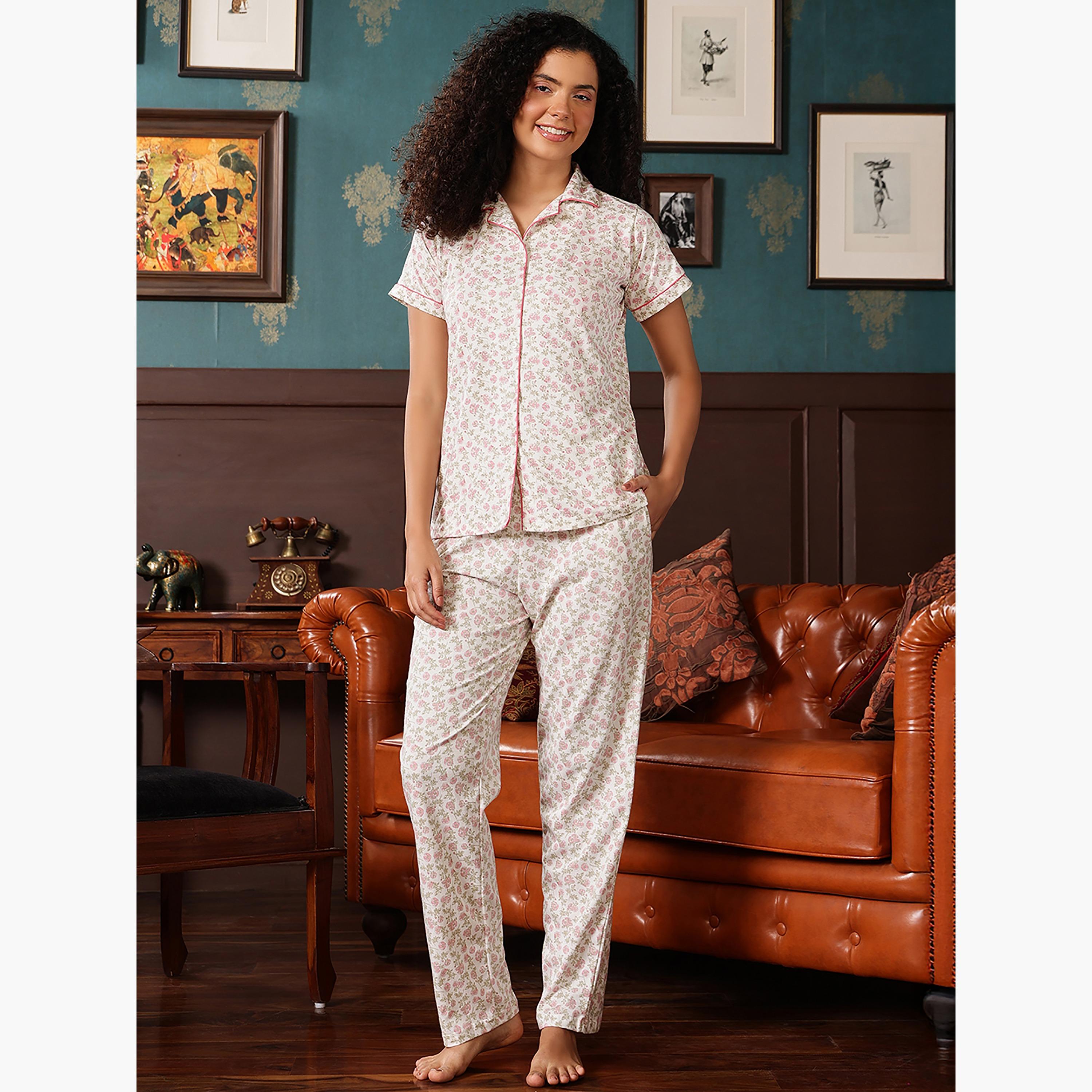 طقم قميص وبيجامة بأزرار وطبعة زهور - 100% قطن أبيض من كلوفيا-women-clothing-nightwear-pyjamas-longsets-image-1