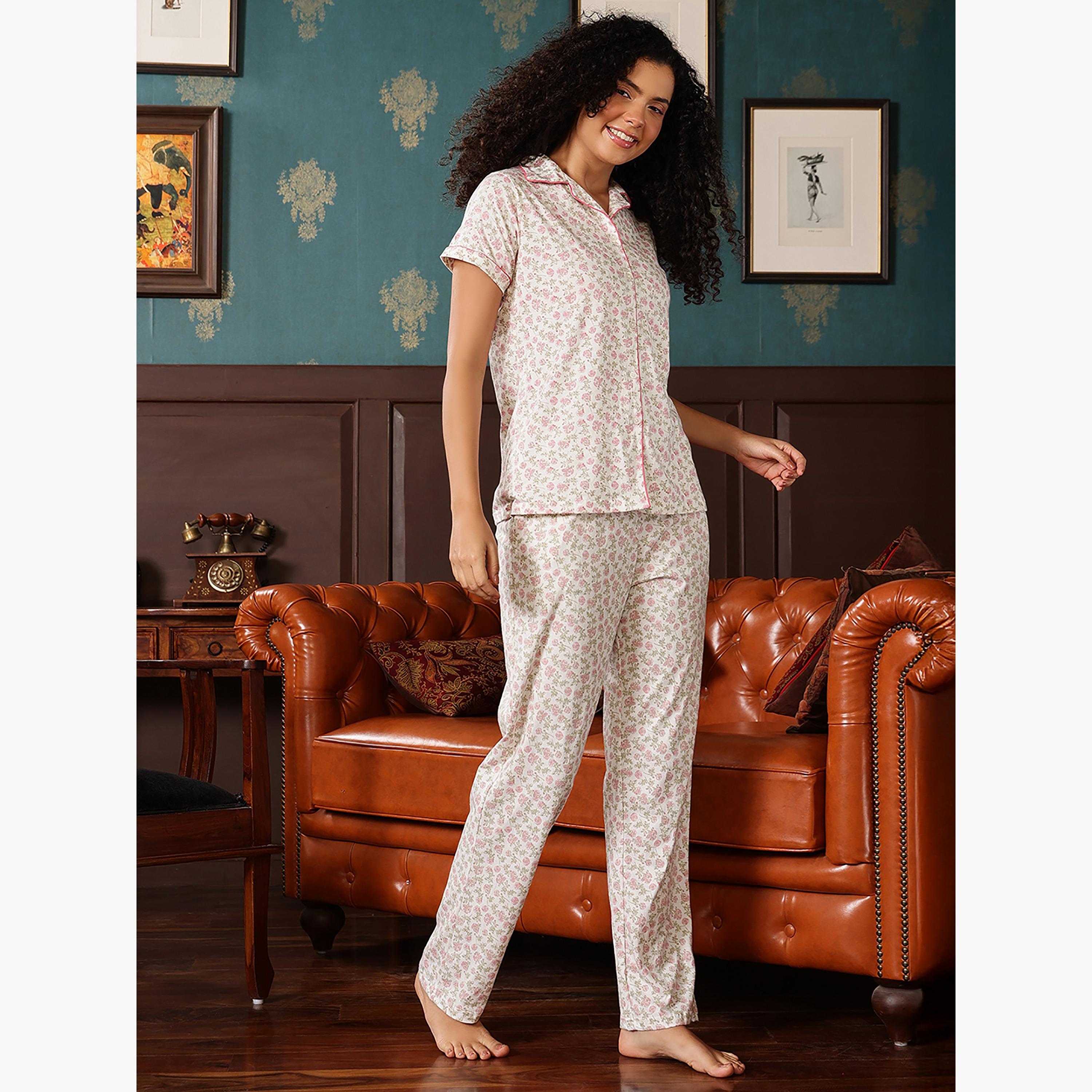 طقم قميص وبيجامة بأزرار وطبعة زهور - 100% قطن أبيض من كلوفيا-women-clothing-nightwear-pyjamas-longsets-image-3