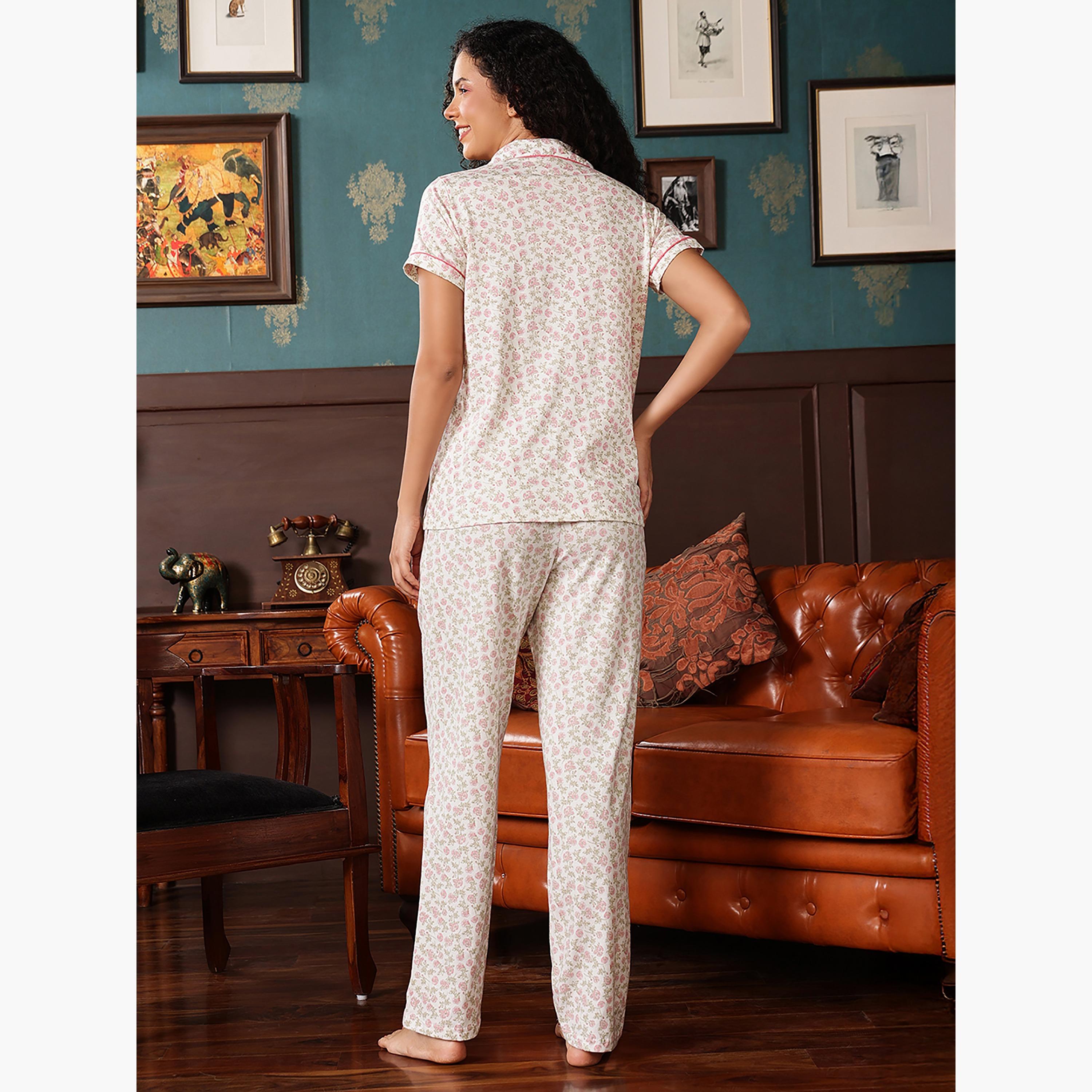طقم قميص وبيجامة بأزرار وطبعة زهور - 100% قطن أبيض من كلوفيا-women-clothing-nightwear-pyjamas-longsets-image-4