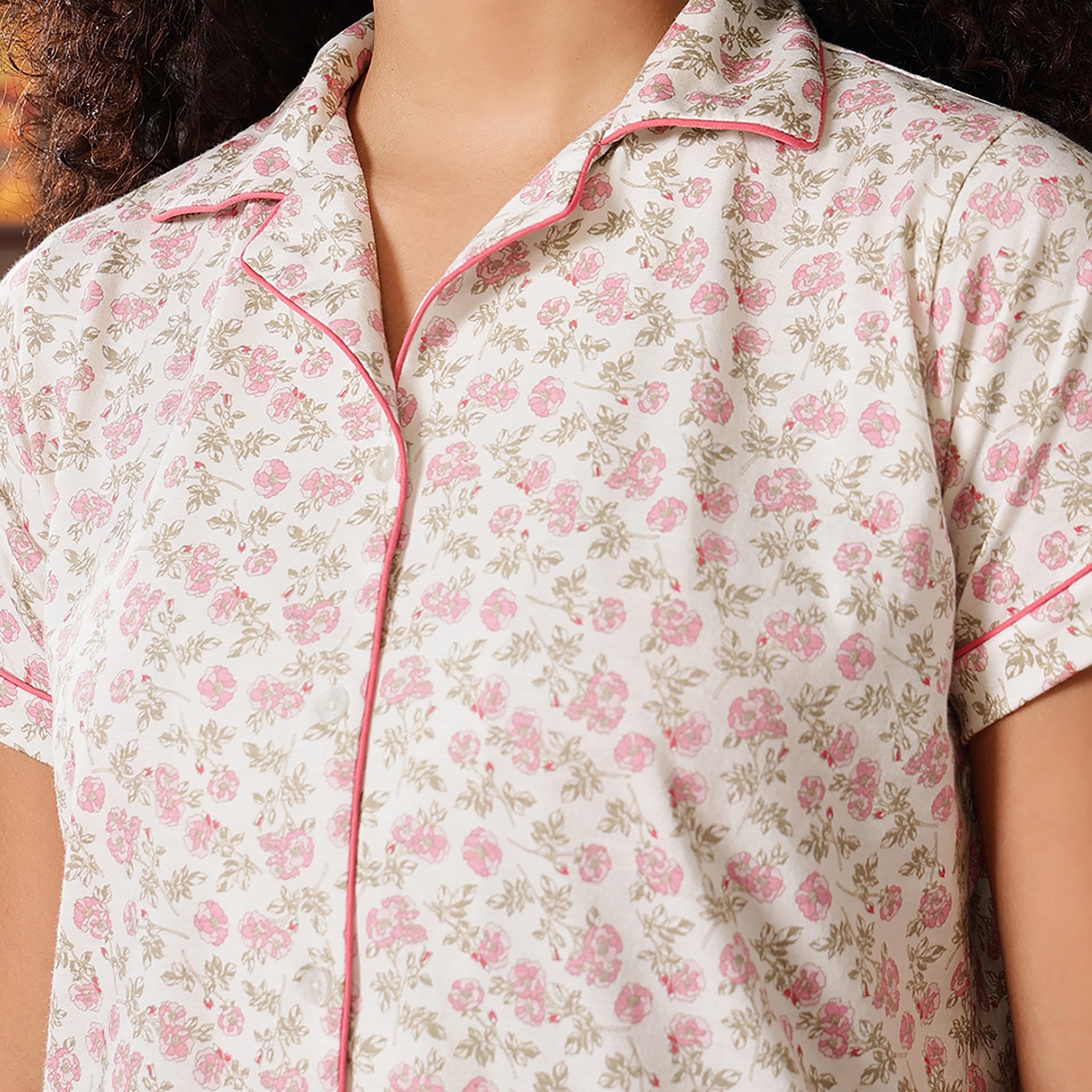 طقم قميص وبيجامة بأزرار وطبعة زهور - 100% قطن أبيض من كلوفيا-women-clothing-nightwear-pyjamas-longsets-image-6