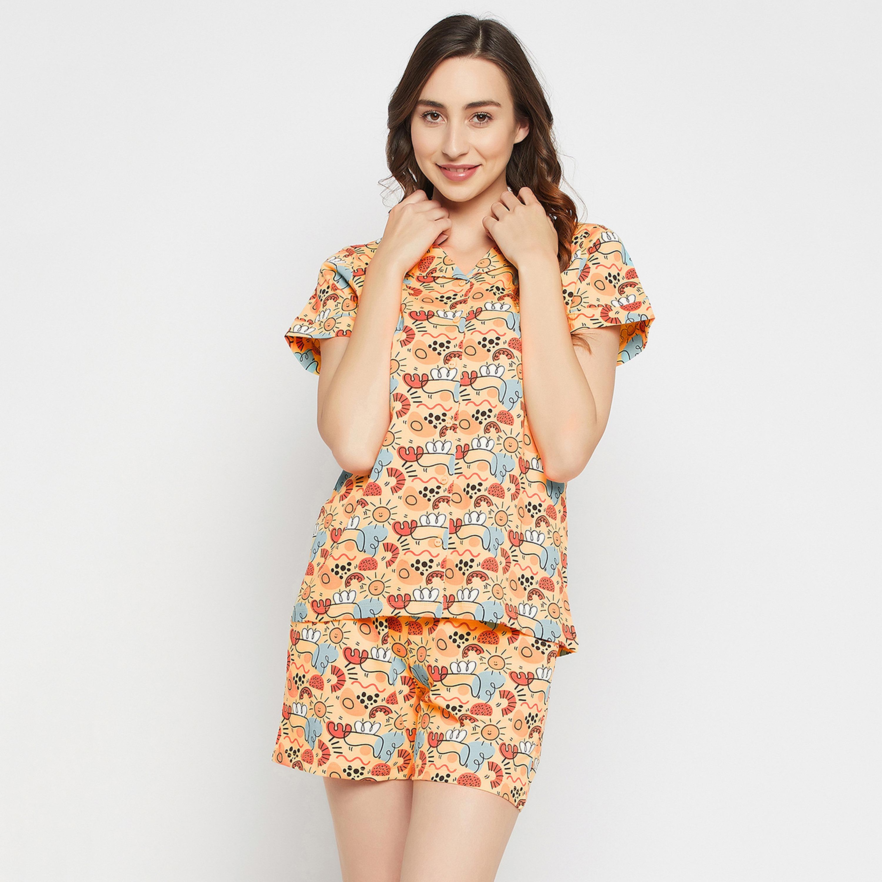 Clovia Women's Print Me Pretty Button Down Shirt & Shorts Set in Yellow - Pure Cotton-women-clothing-nightwear-pyjamas-longsets-image-1