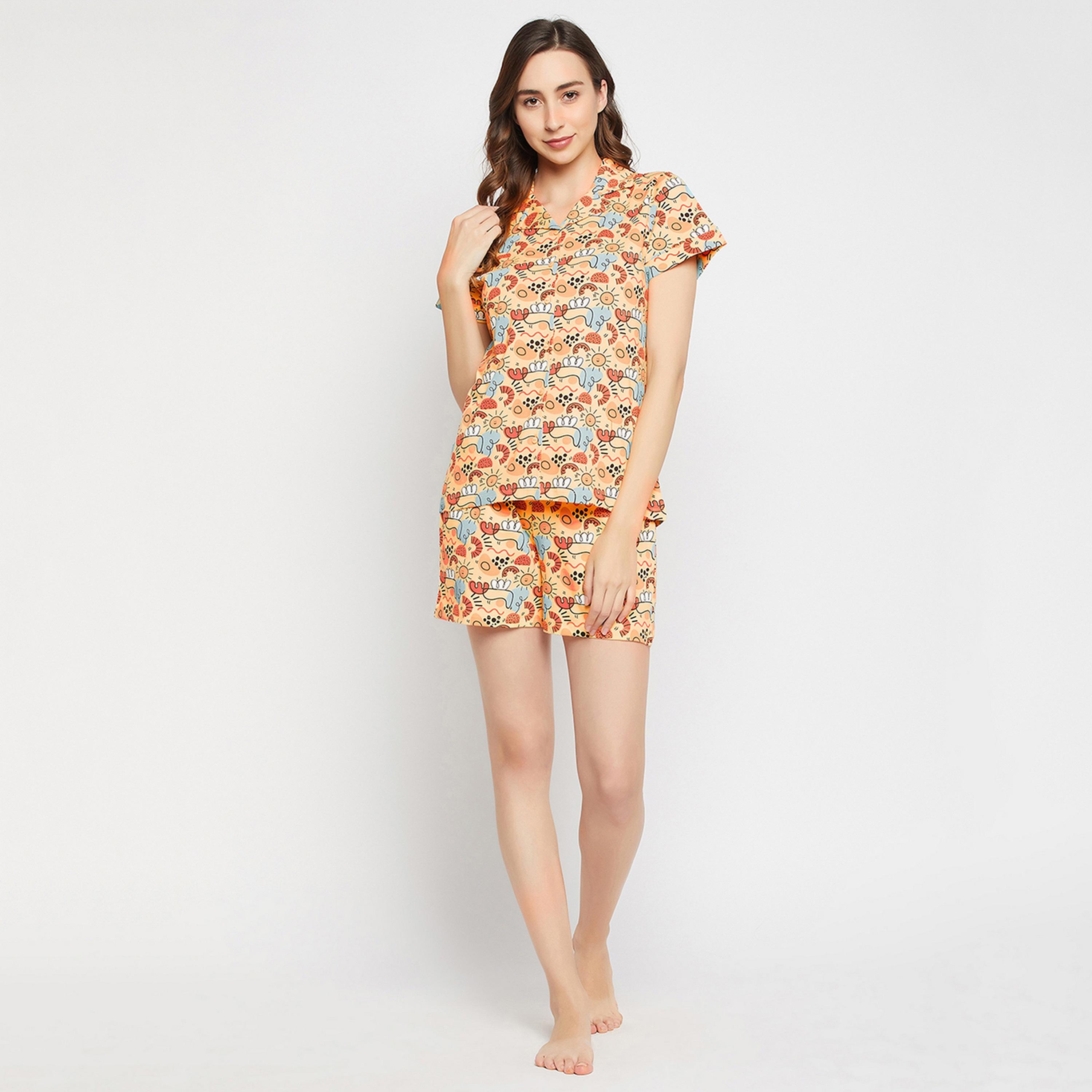 Clovia Women's Print Me Pretty Button Down Shirt & Shorts Set in Yellow - Pure Cotton-women-clothing-nightwear-pyjamas-longsets-image-2