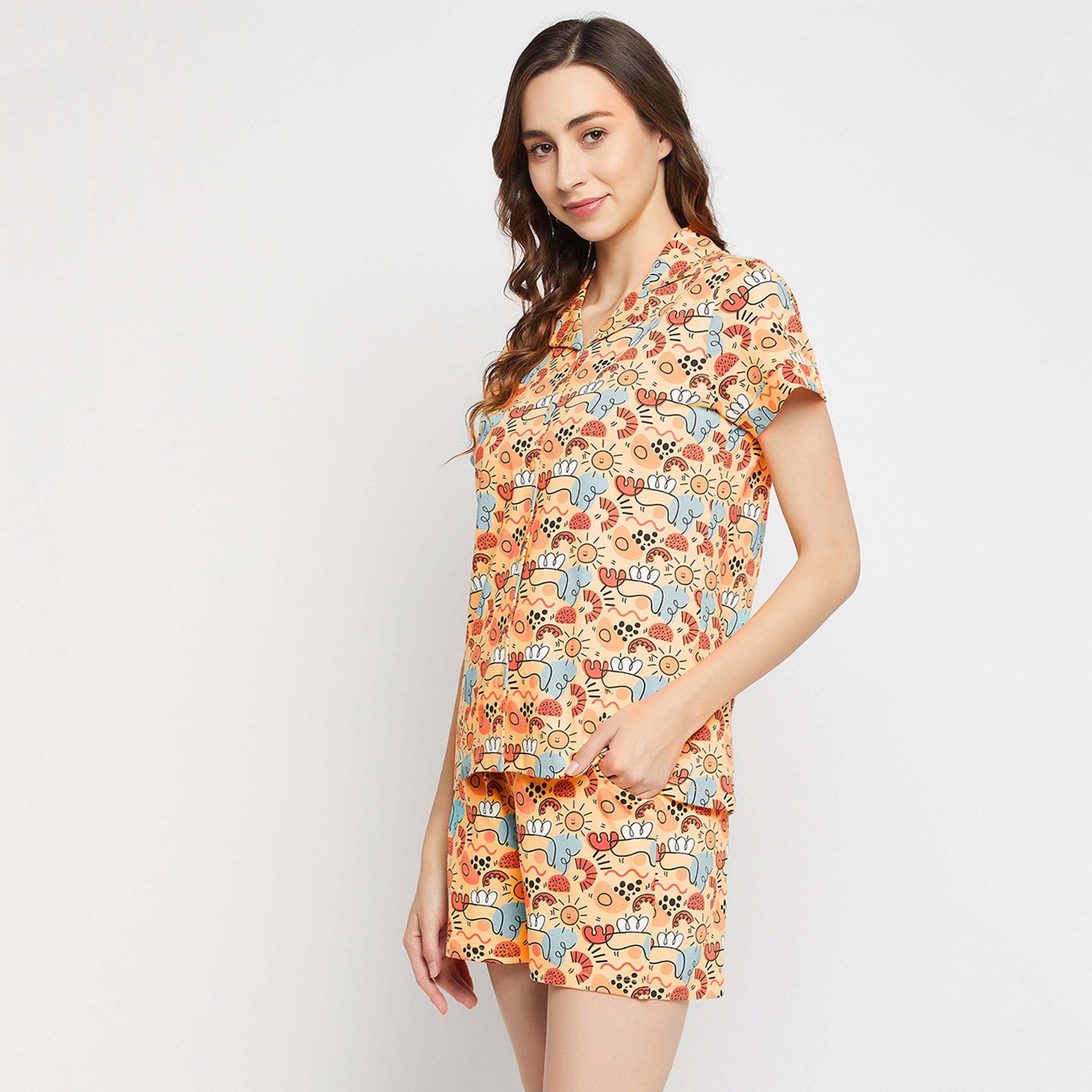 Clovia Women's Print Me Pretty Button Down Shirt & Shorts Set in Yellow - Pure Cotton-women-clothing-nightwear-pyjamas-longsets-image-3