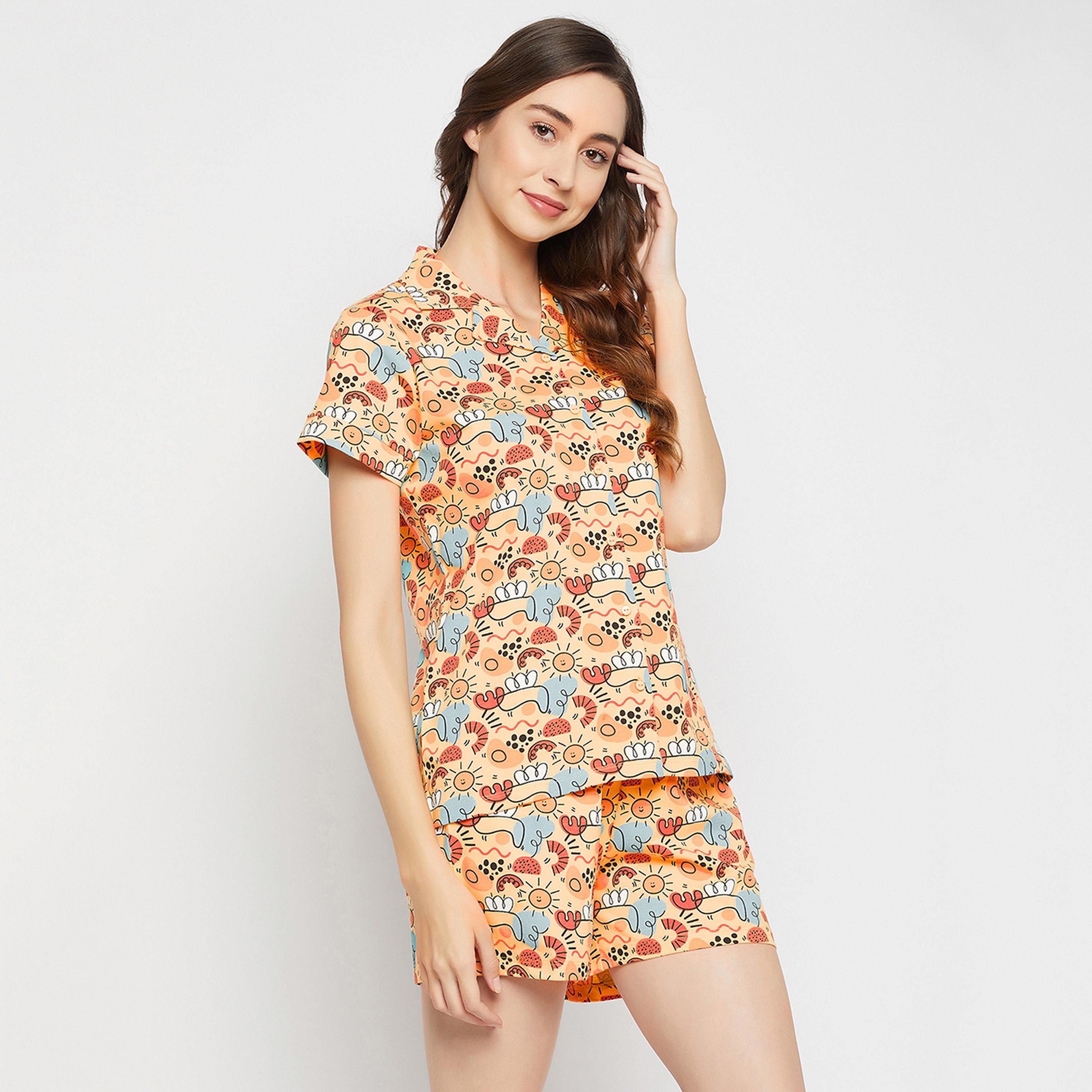 Clovia Women's Print Me Pretty Button Down Shirt & Shorts Set in Yellow - Pure Cotton-women-clothing-nightwear-pyjamas-longsets-image-4