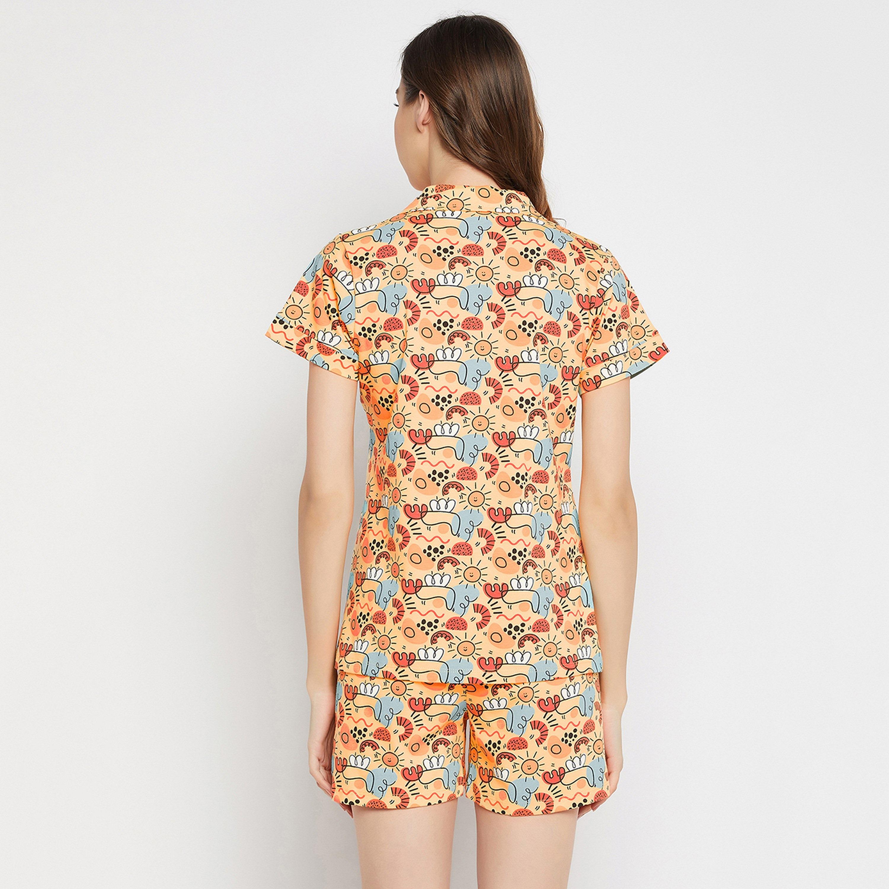 Clovia Women's Print Me Pretty Button Down Shirt & Shorts Set in Yellow - Pure Cotton-women-clothing-nightwear-pyjamas-longsets-image-5