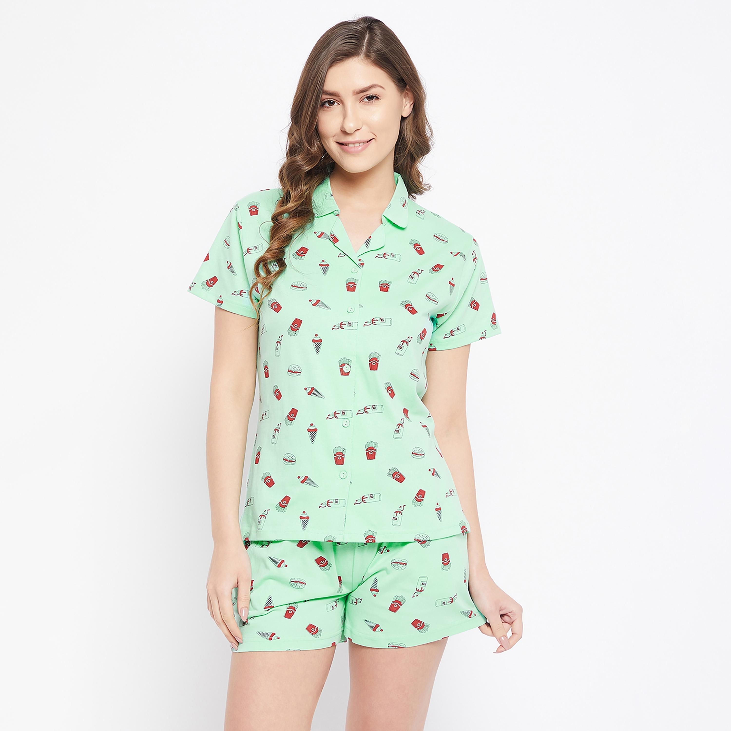 Clovia Set of Printed Collared Shirt with Shorts-women-clothing-nightwear-pyjamas-longsets-image-2