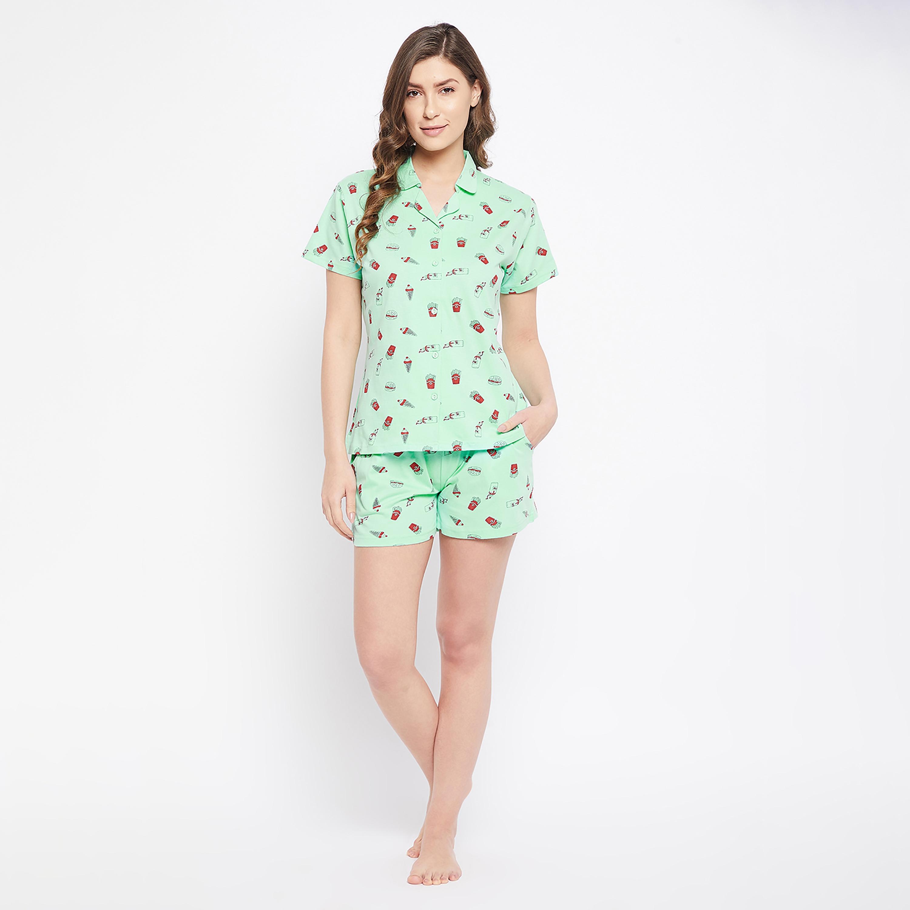Clovia Set of Printed Collared Shirt with Shorts-women-clothing-nightwear-pyjamas-longsets-image-3