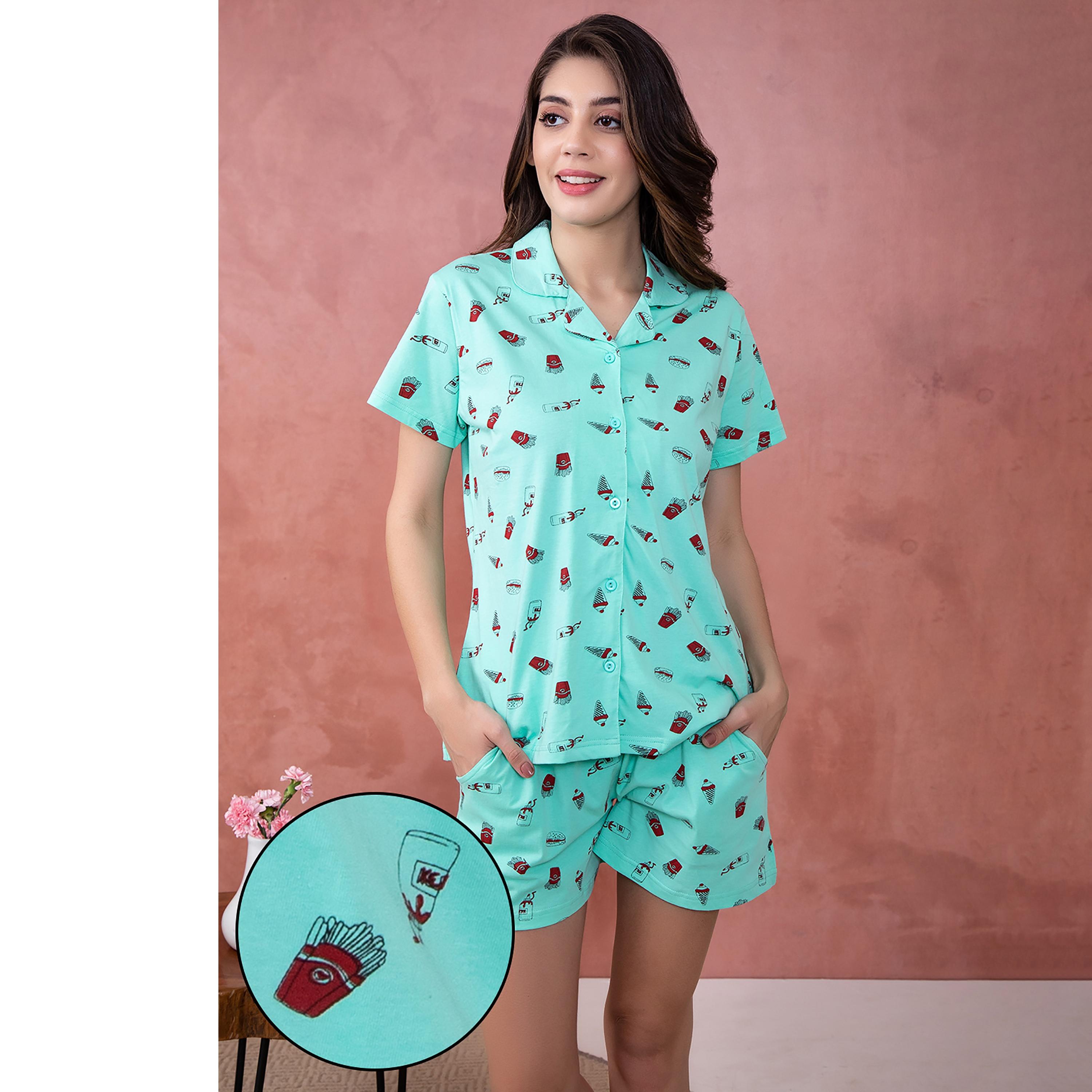 Clovia Set of Printed Collared Shirt with Shorts-women-clothing-nightwear-pyjamas-longsets-image-1
