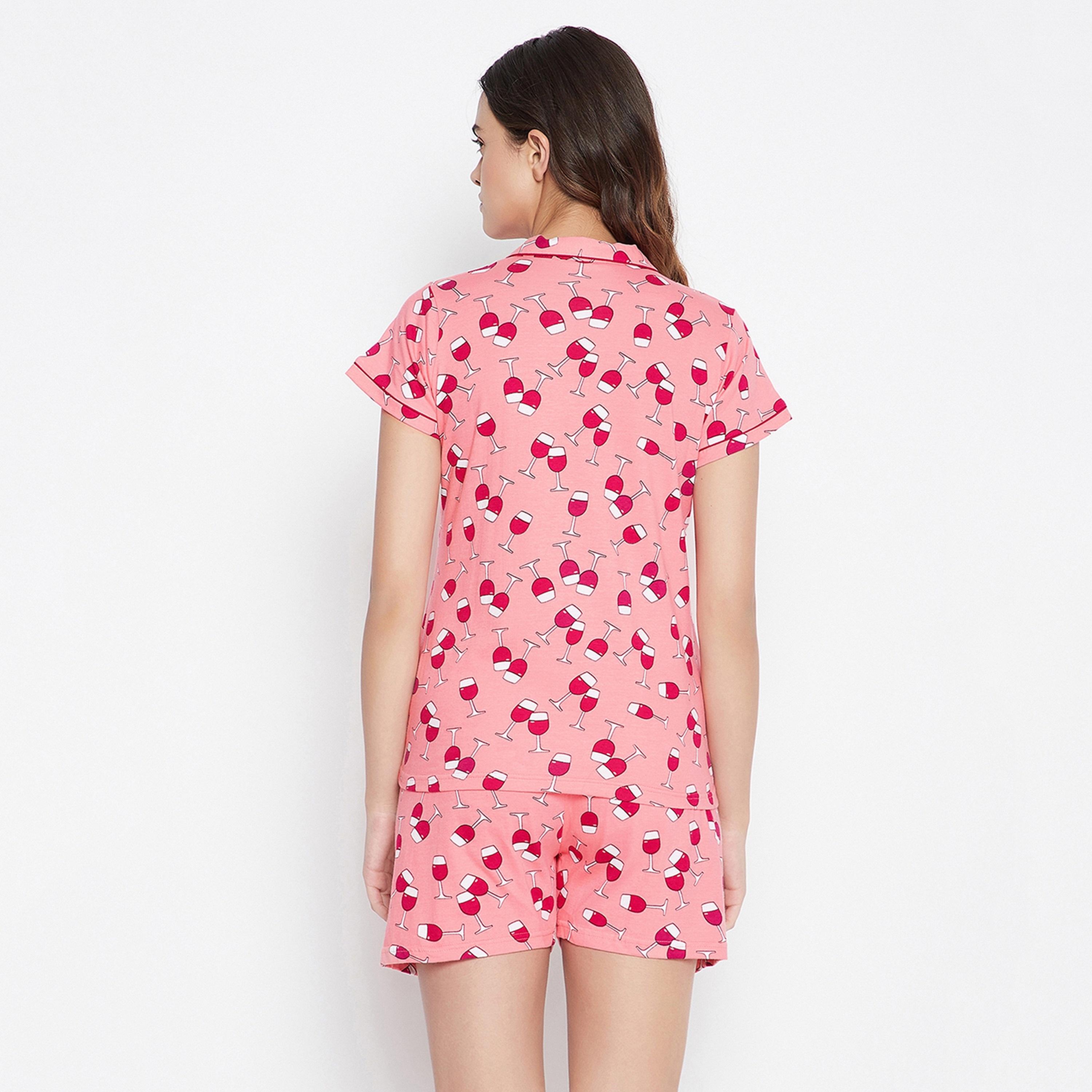 Clovia Women's Wine Glass Print Button Down Top & Shorts Set in Coral Pink - Cotton Rich-women-clothing-nightwear-pyjamas-longsets-image-5