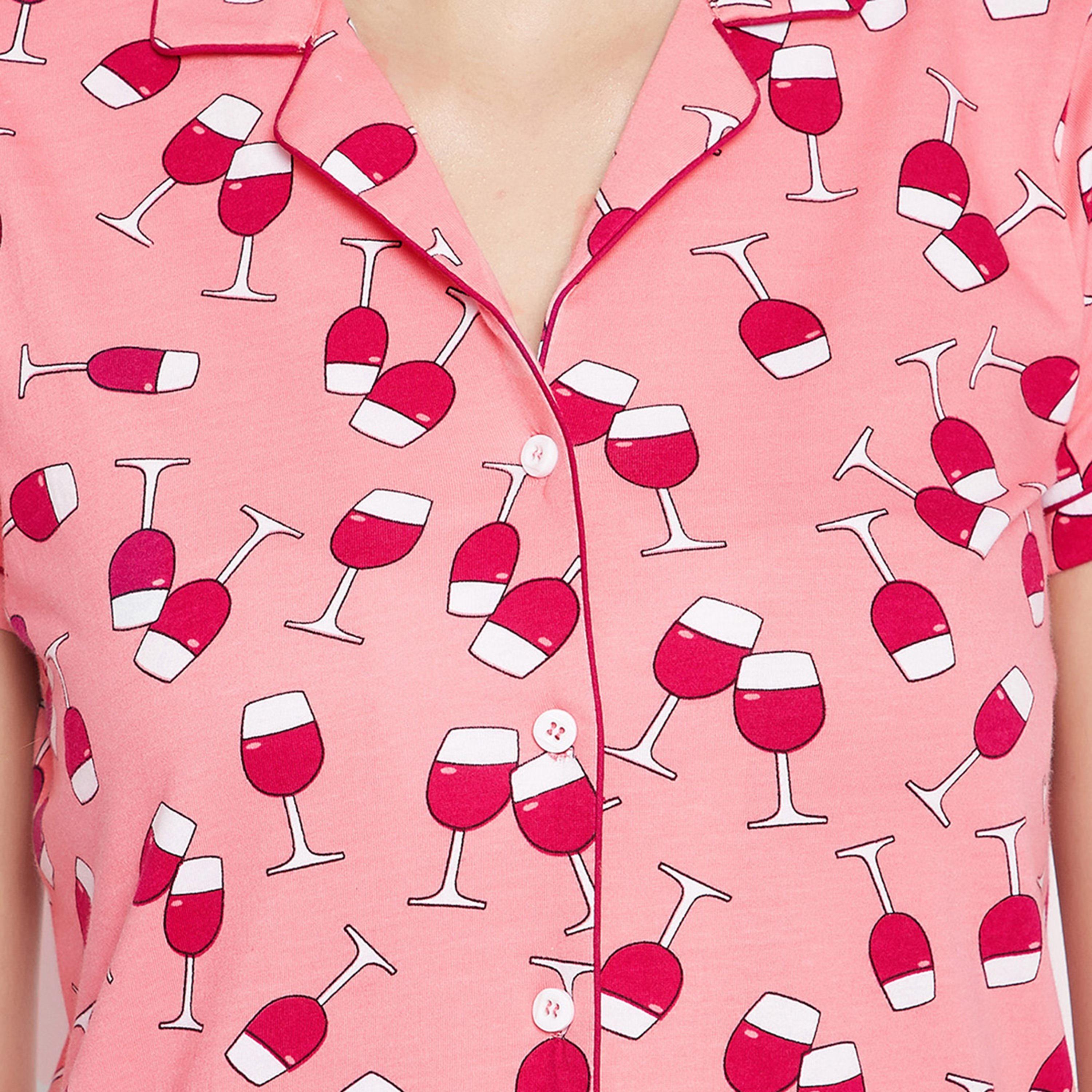 Clovia Women's Wine Glass Print Button Down Top & Shorts Set in Coral Pink - Cotton Rich-women-clothing-nightwear-pyjamas-longsets-image-6