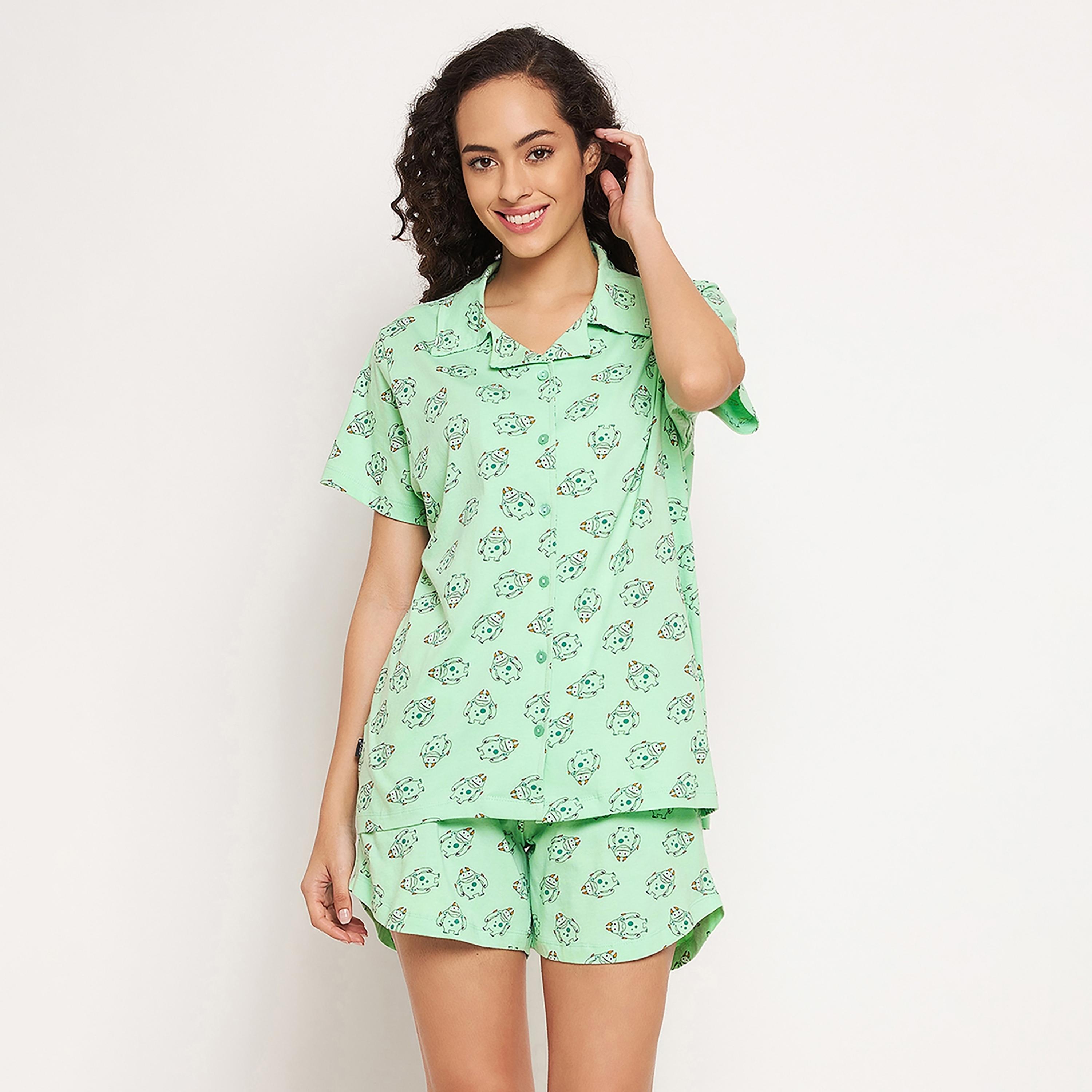 Clovia Set of Printed Collared Shirt with Shorts-women-clothing-nightwear-pyjamas-longsets-image-2