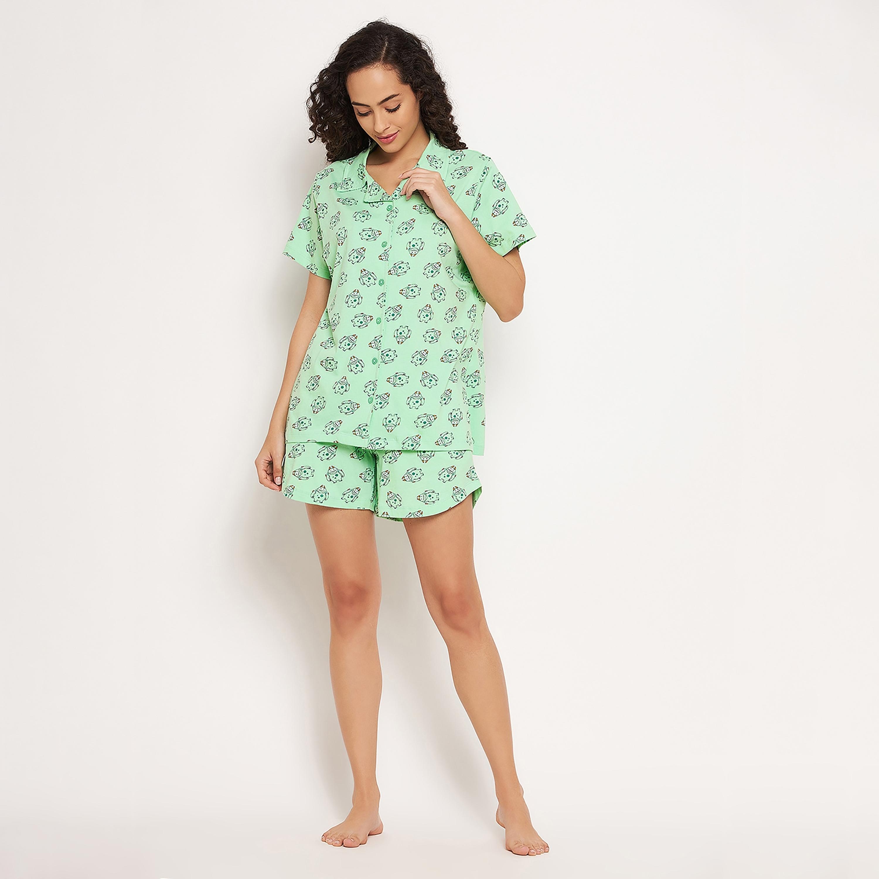 Clovia Set of Printed Collared Shirt with Shorts-women-clothing-nightwear-pyjamas-longsets-image-3