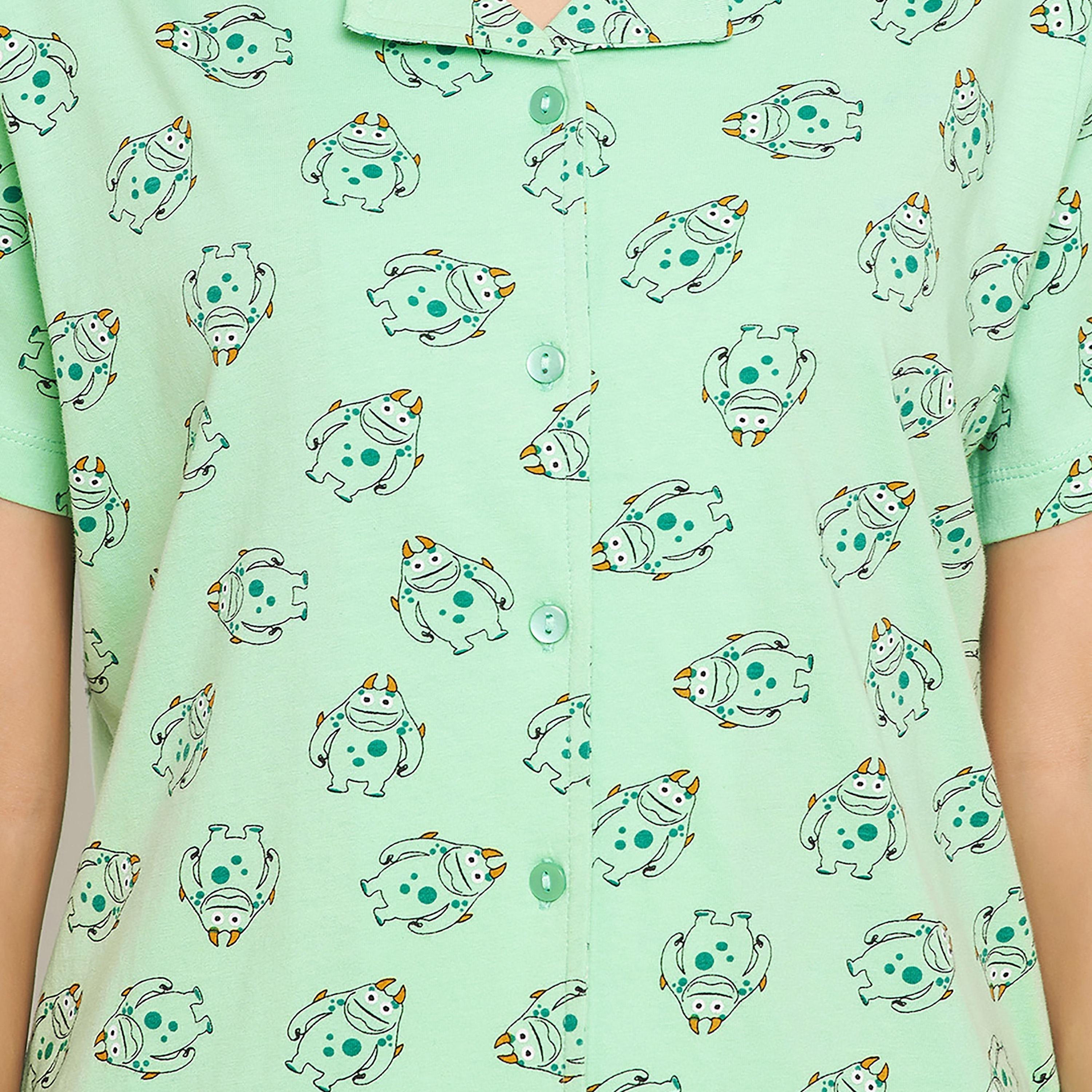 Clovia Set of Printed Collared Shirt with Shorts-women-clothing-nightwear-pyjamas-longsets-image-4
