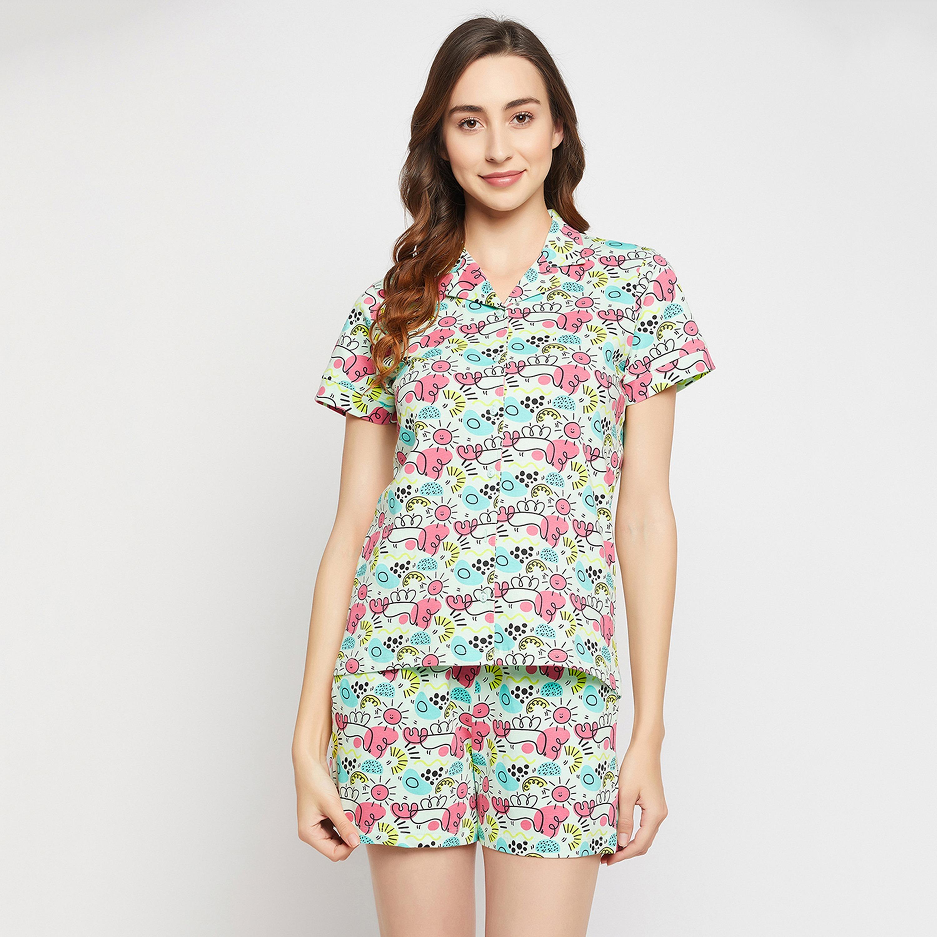 Clovia Women's Print Me Pretty Button Down Shirt & Shorts Set in Baby Blue - Pure Cotton-women-clothing-nightwear-pyjamas-longsets-image-1