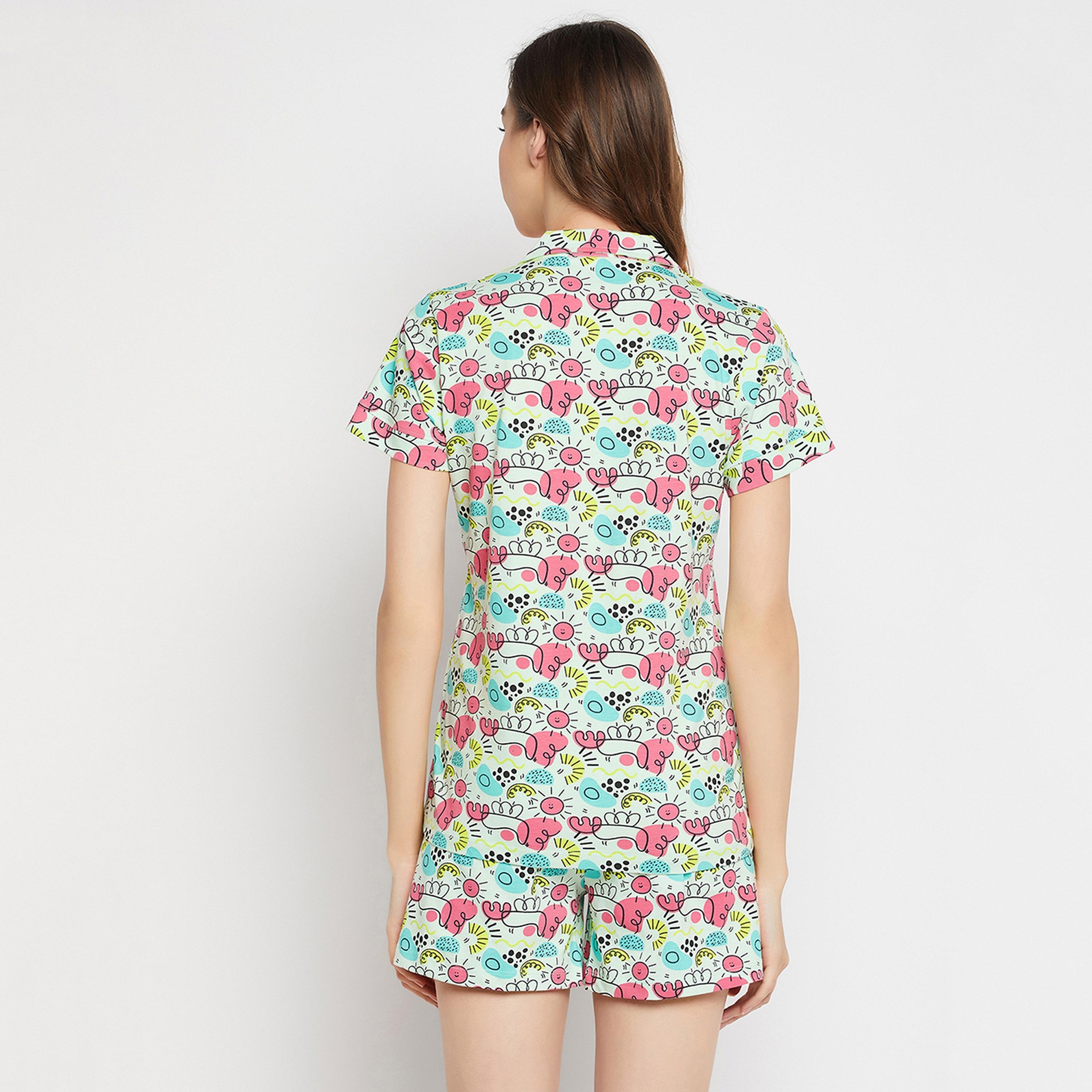 Clovia Women's Print Me Pretty Button Down Shirt & Shorts Set in Baby Blue - Pure Cotton-women-clothing-nightwear-pyjamas-longsets-image-5