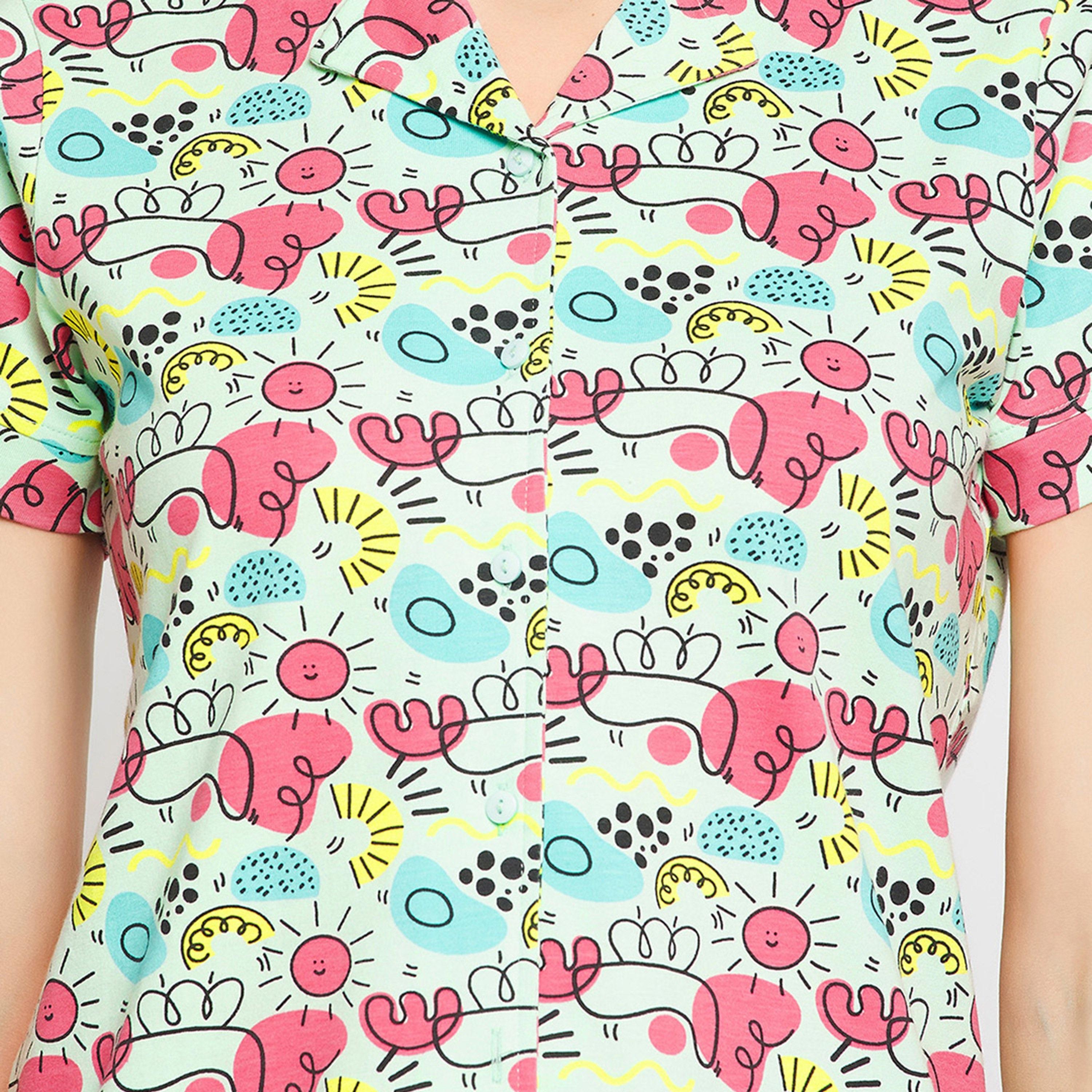 Clovia Women's Print Me Pretty Button Down Shirt & Shorts Set in Baby Blue - Pure Cotton-women-clothing-nightwear-pyjamas-longsets-image-6